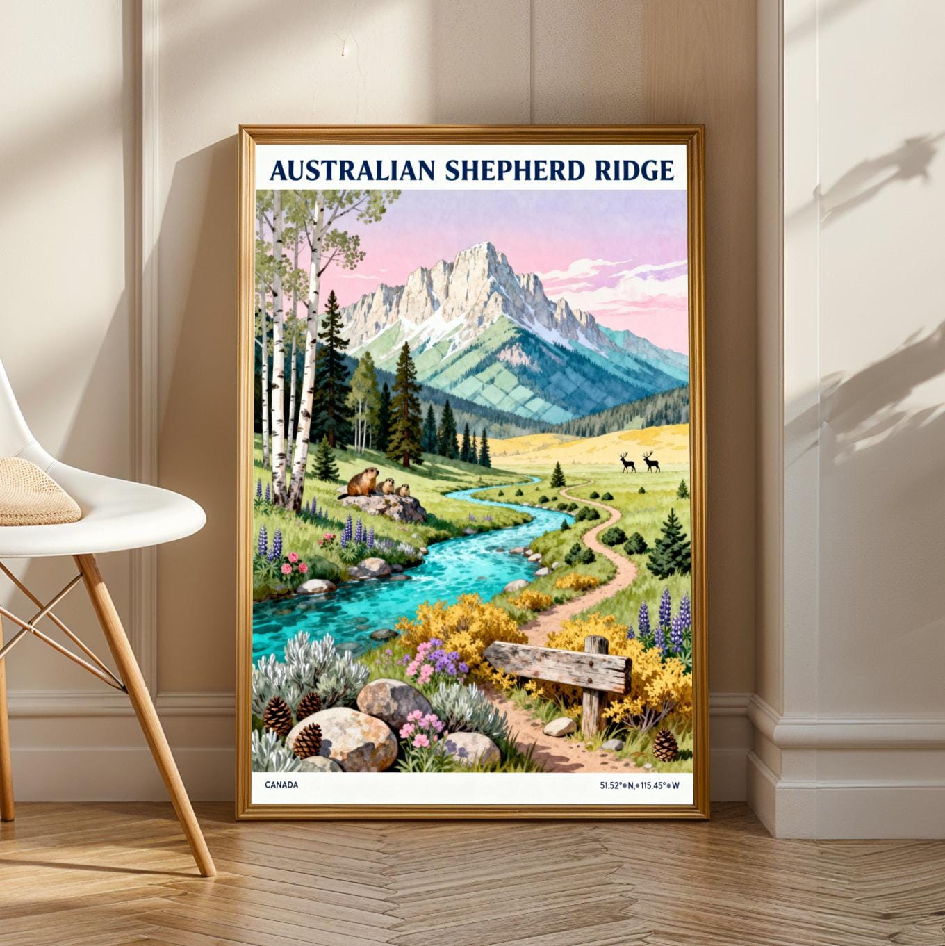 Australian Shepherd Ridge Poster, Gouache Travel Style, Blue River and Green Mountns
