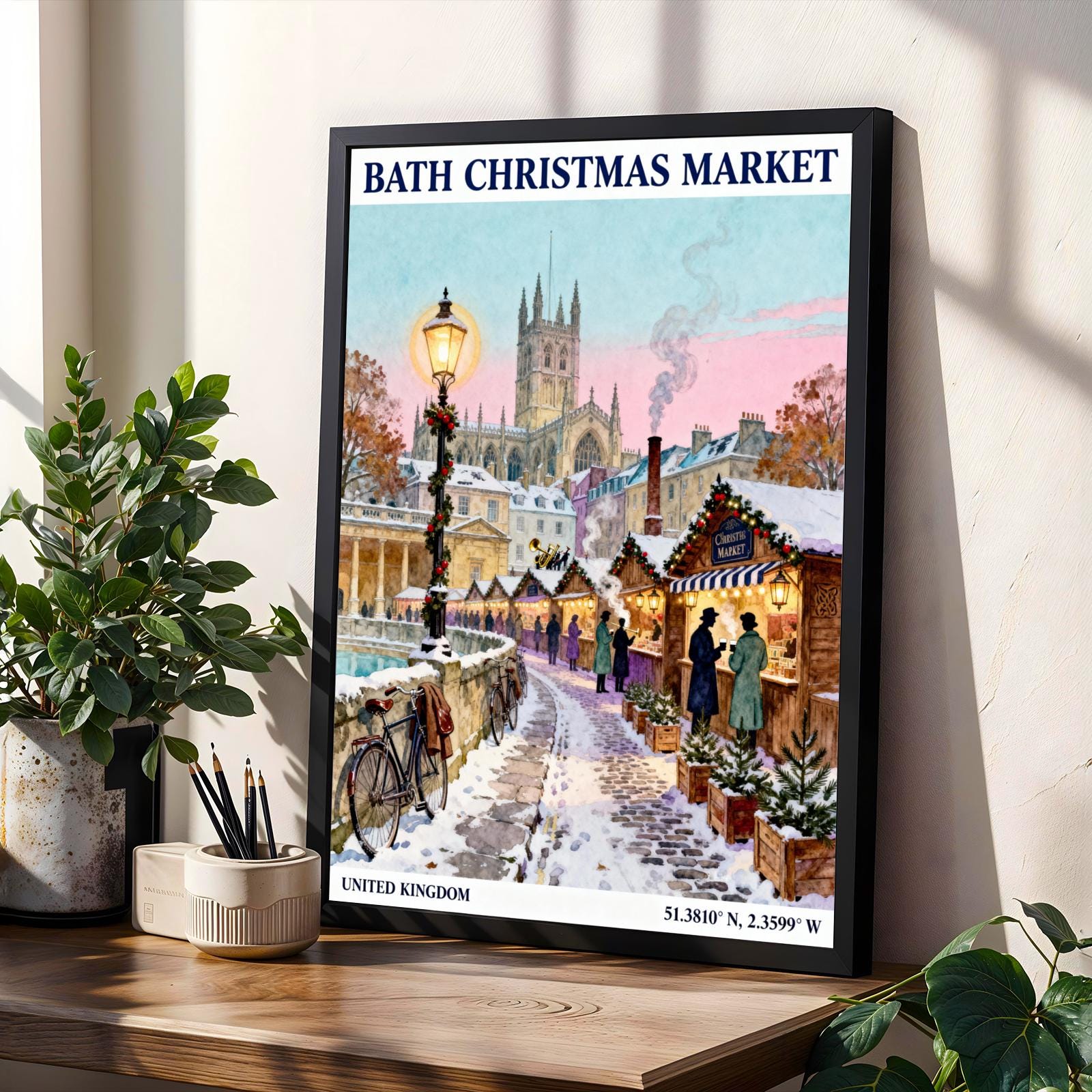 Bath Christmas Market Poster – Vintage Travel Print, Snowy Street Scene