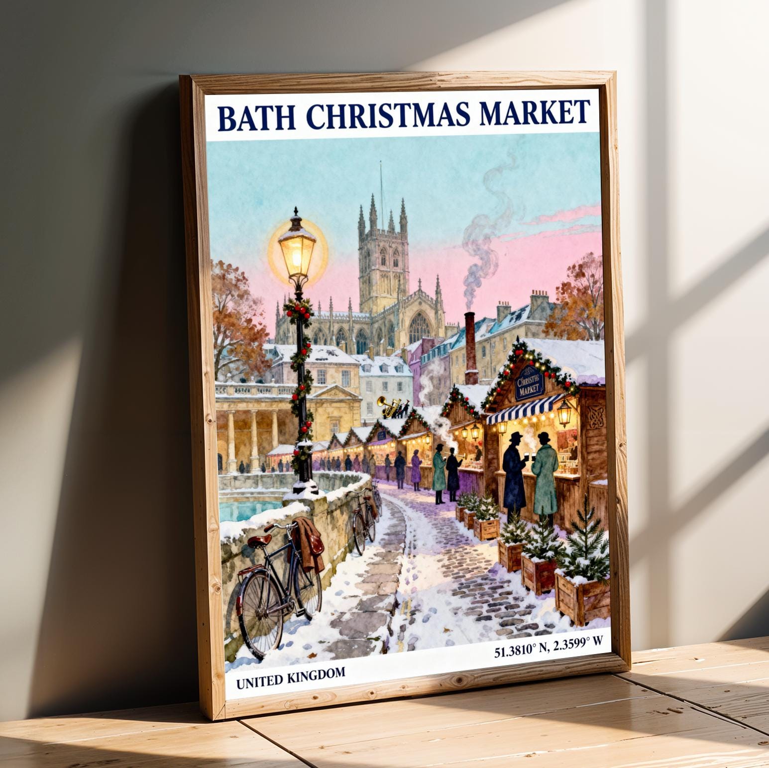 Bath Christmas Market Poster – Vintage Travel Print, Snowy Street Scene