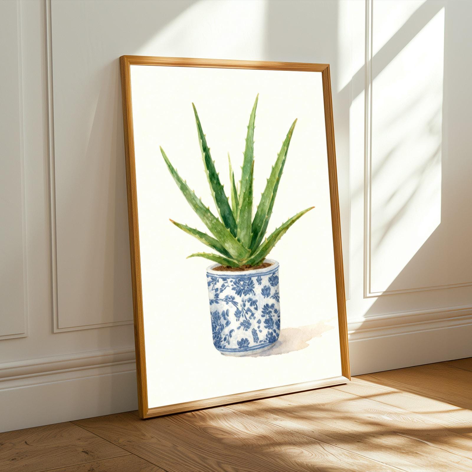 Aloe Vera Poster – Watercolor, Green Leaves in Blue Floral Pot
