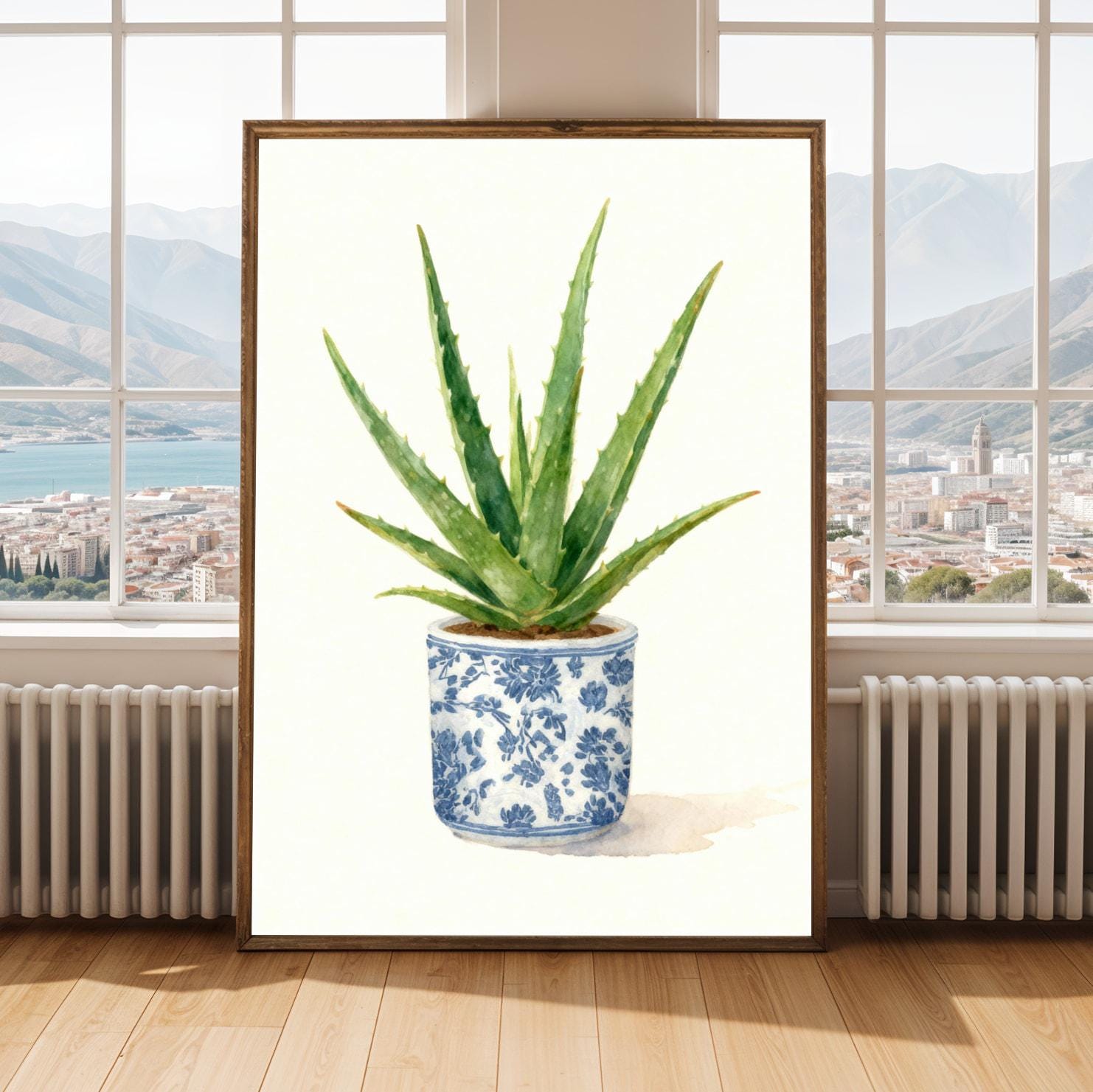 Aloe Vera Poster – Watercolor, Green Leaves in Blue Floral Pot