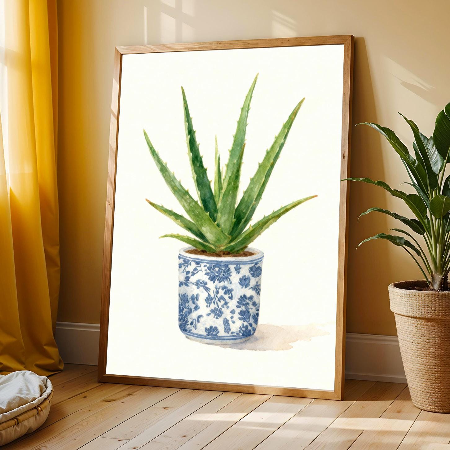 Aloe Vera Poster – Watercolor, Green Leaves in Blue Floral Pot
