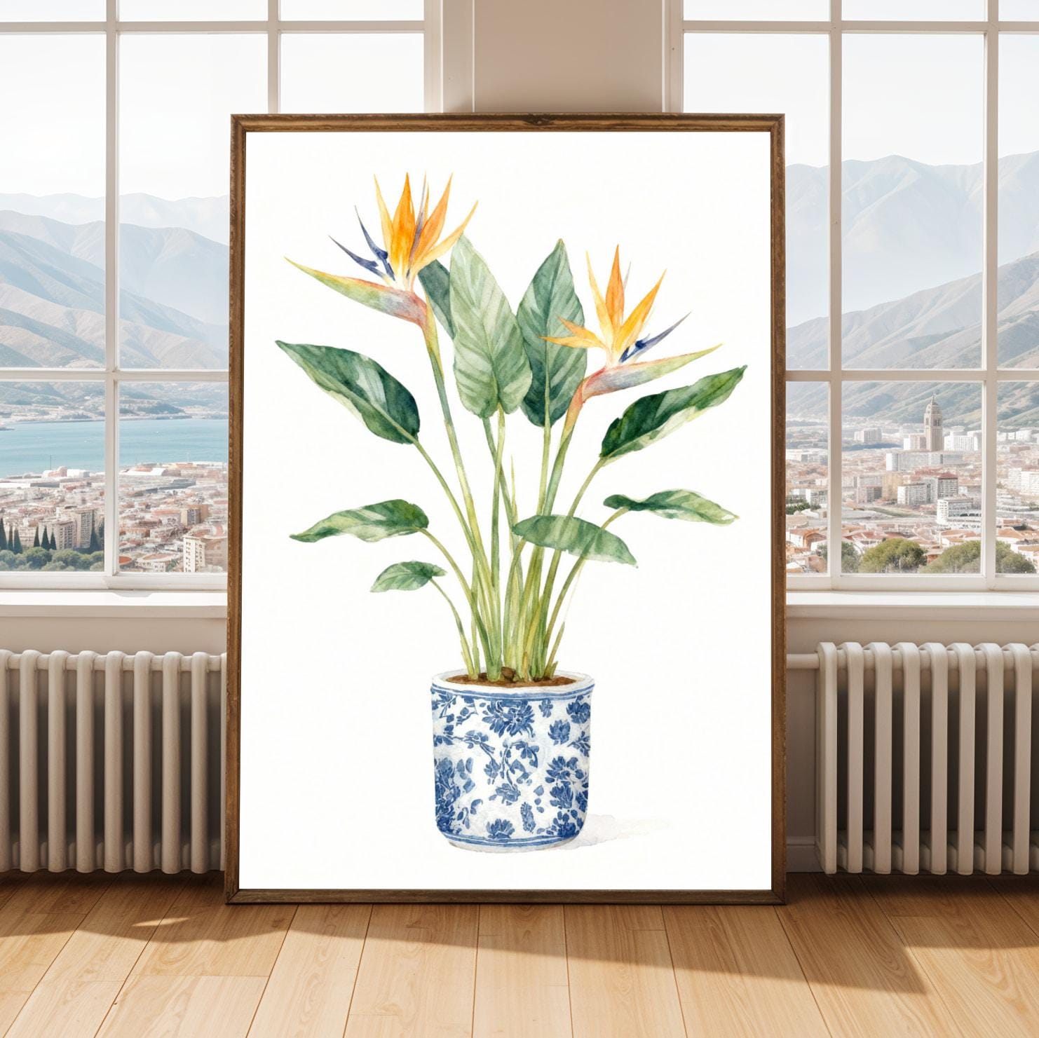 Birds of Paradise Art Print – Watercolor, Green Leaves and Orange Flowers, Floral