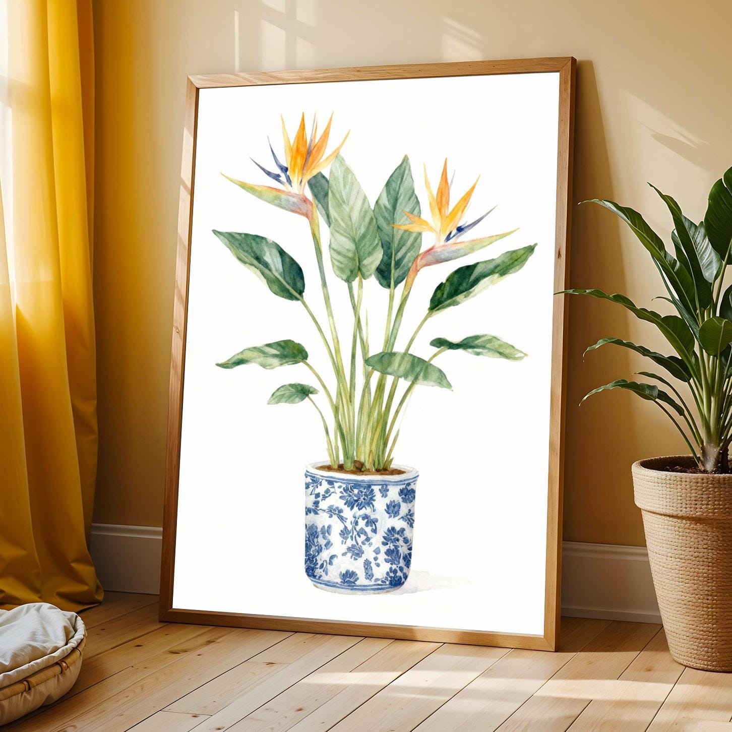 Birds of Paradise Art Print – Watercolor, Green Leaves and Orange Flowers, Floral