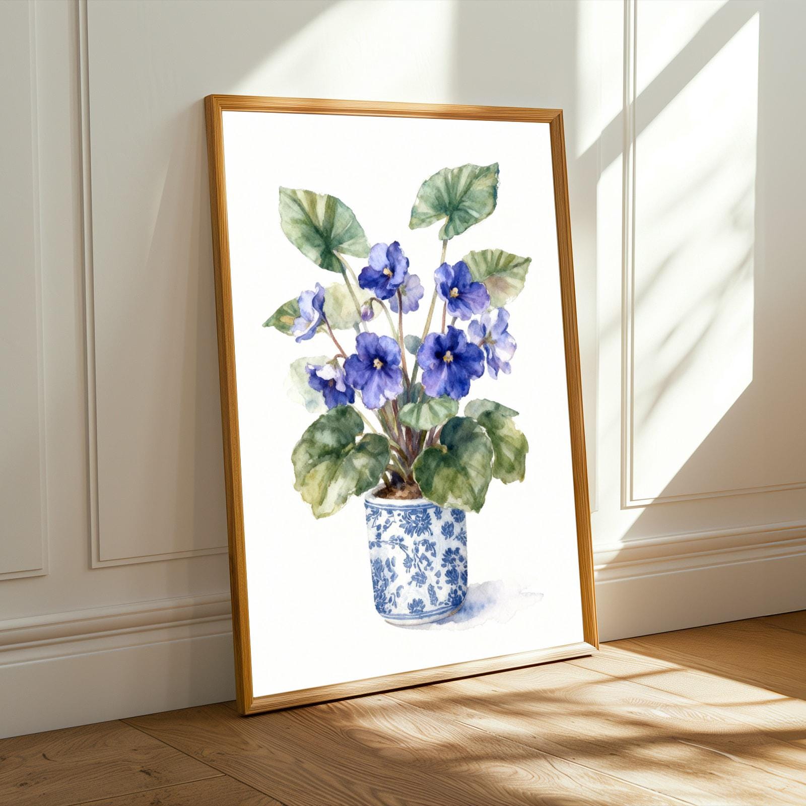 African Violet Art Print – Watercolor, Blue Flowers in Blue and White Pot