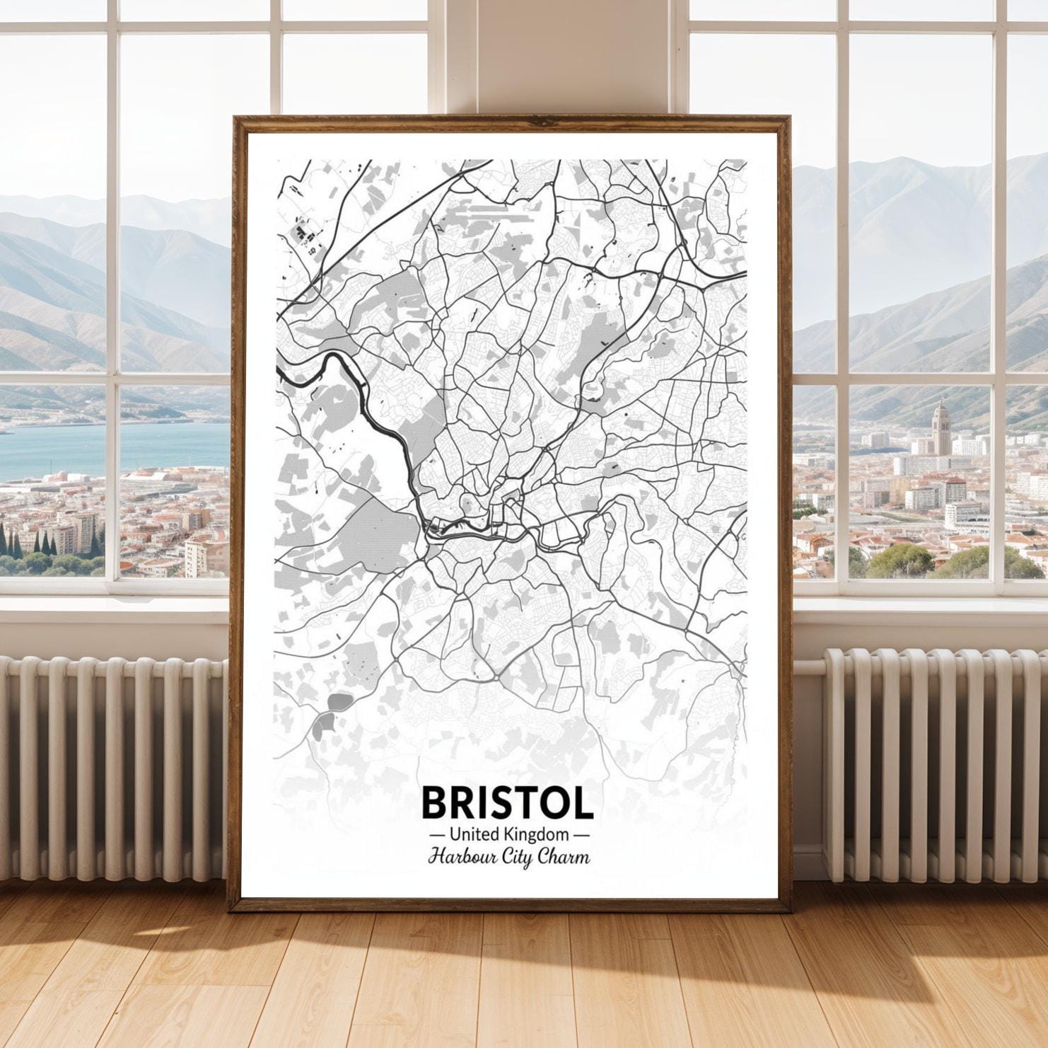 Bristol Poster – Minimalist, Black and White Map of Bristol Harbour City Charm