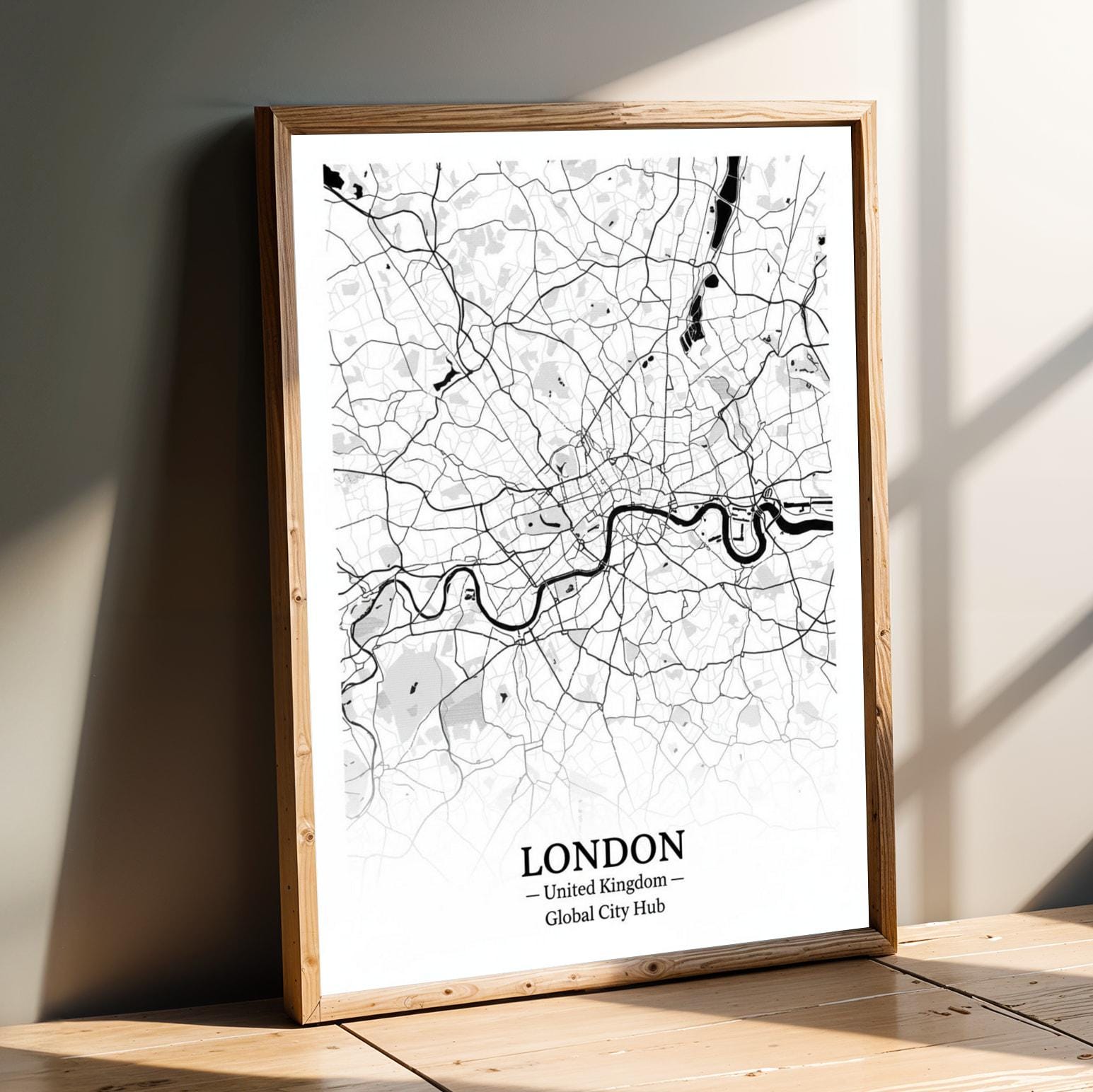 London Poster – Minimalist City Map Print, Black and White, Mixed Media