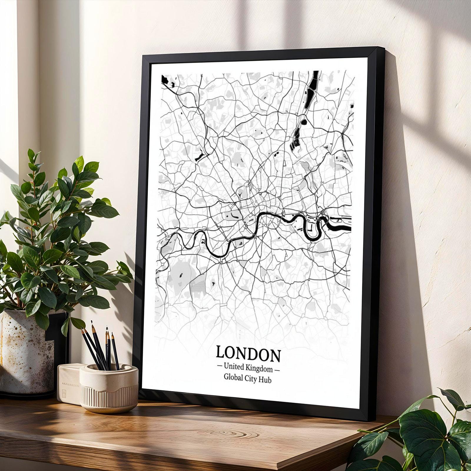 London Poster – Minimalist City Map Print, Black and White, Mixed Media