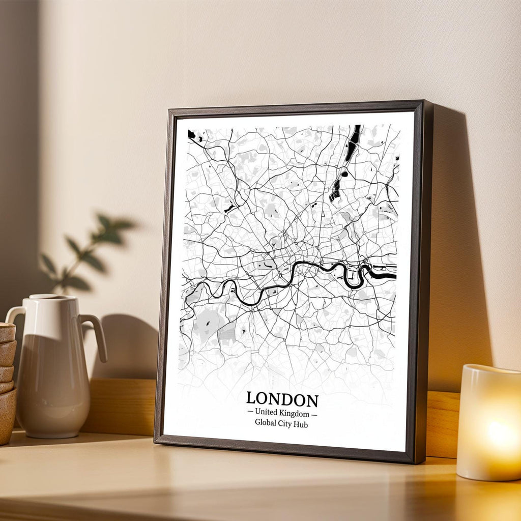 London Poster – Minimalist City Map Print, Black and White, Mixed Media