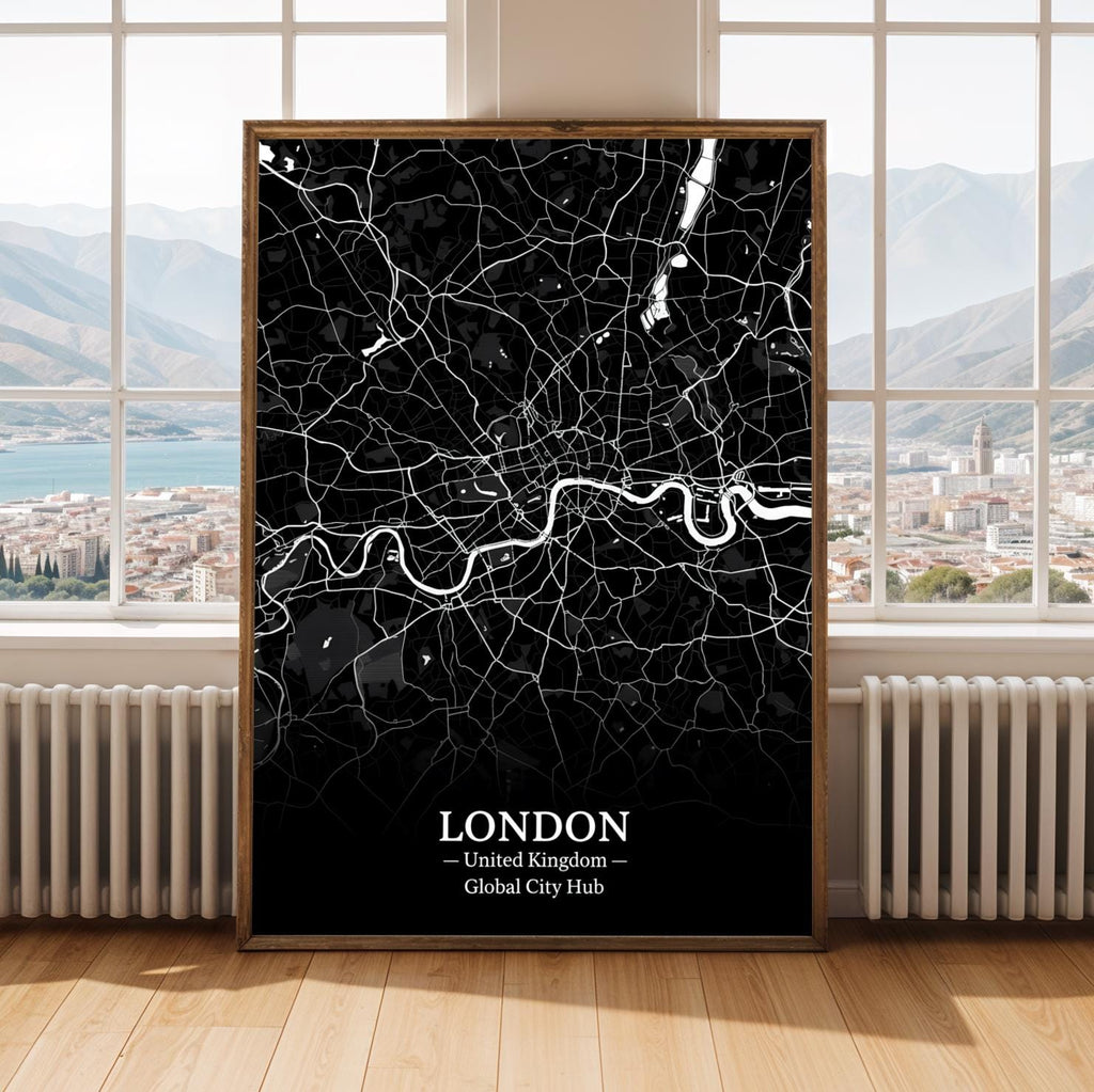 London Poster – Minimalist City Map Print, Black and White, Mixed Media