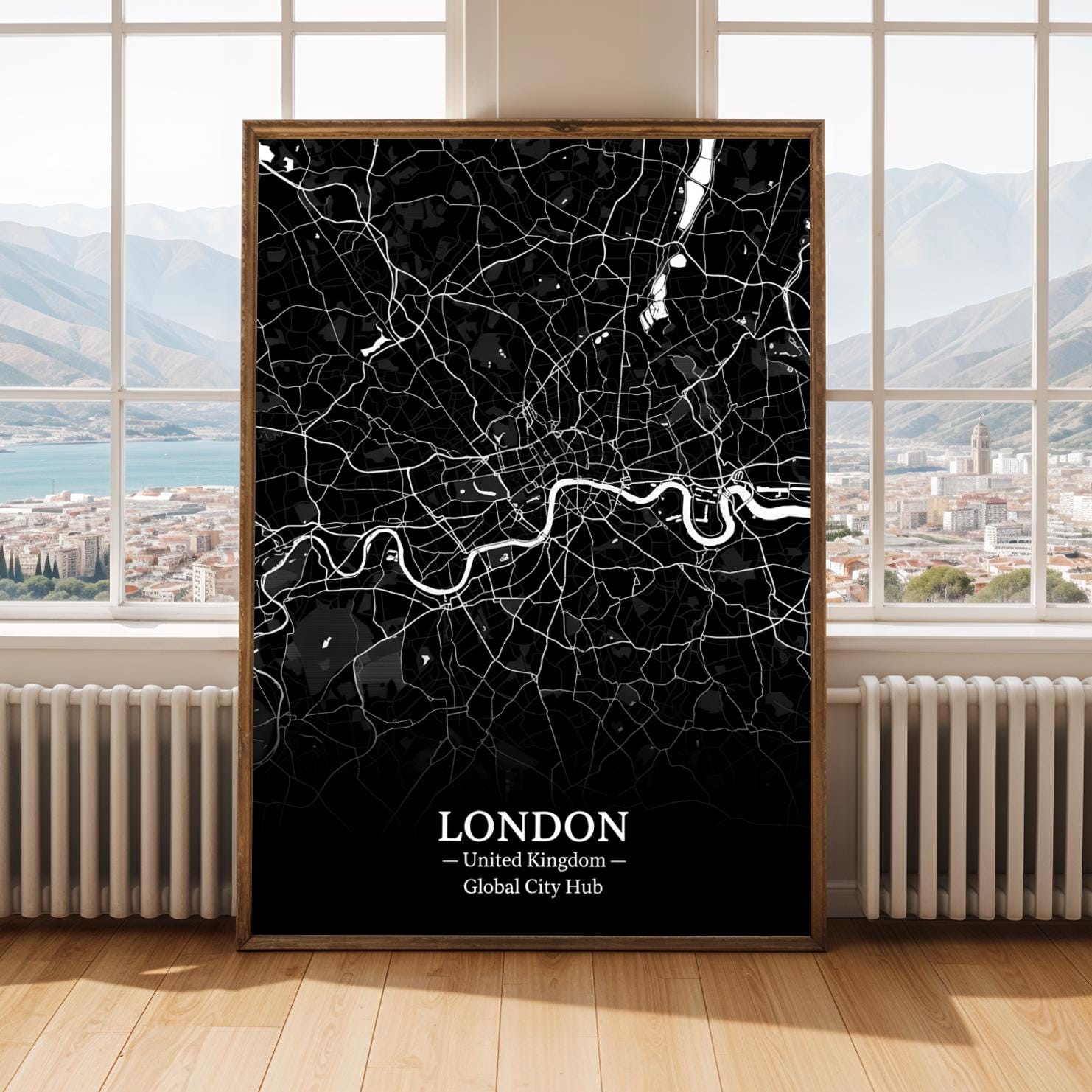 London Poster – Minimalist City Map Print, Black and White, Mixed Media