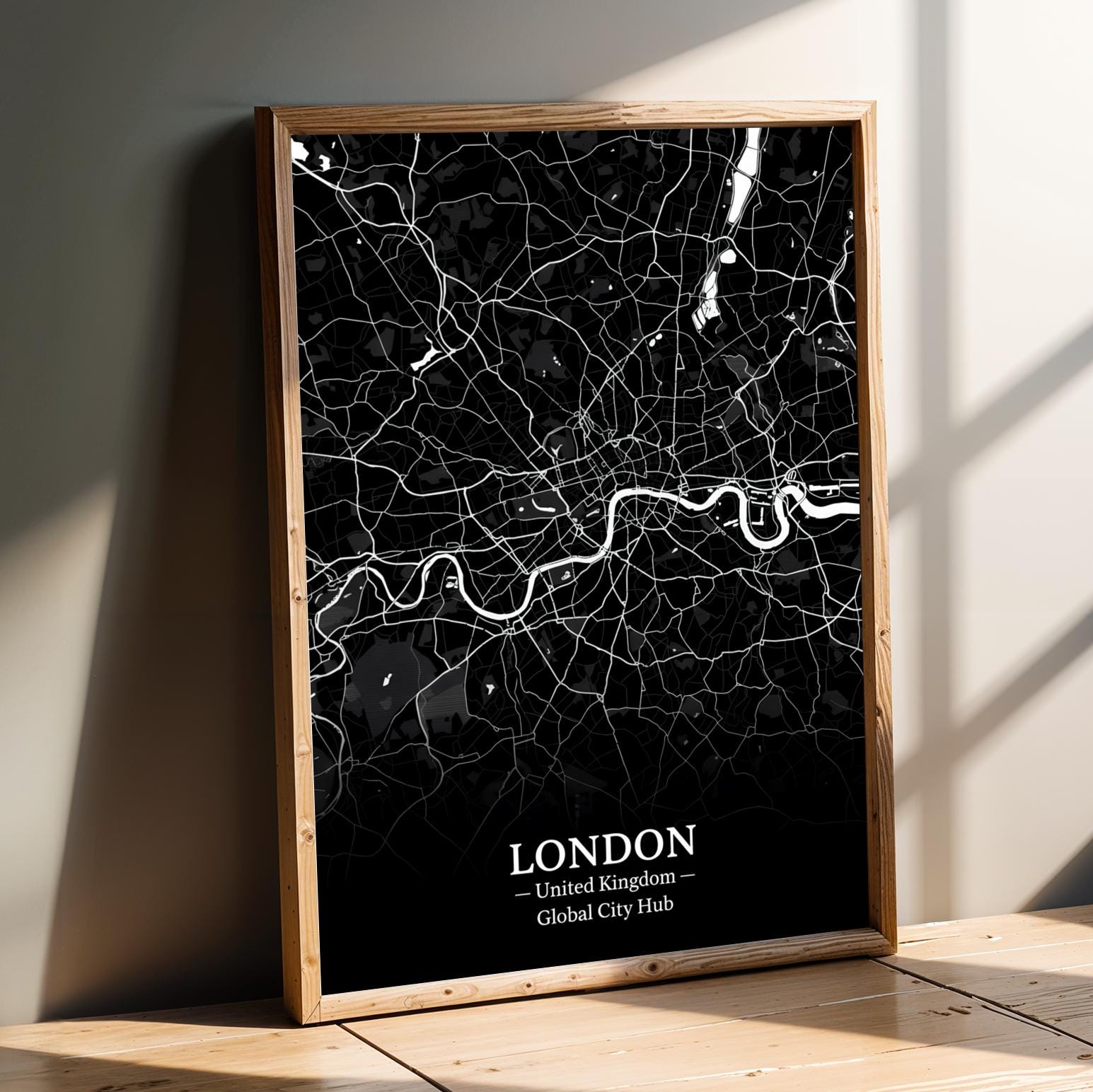 London Poster – Minimalist City Map Print, Black and White, Mixed Media