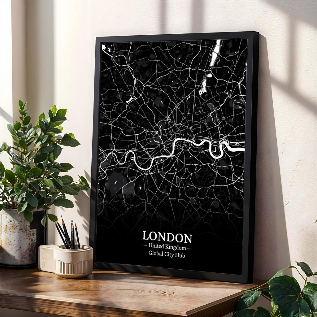 London Poster – Minimalist City Map Print, Black and White, Mixed Media