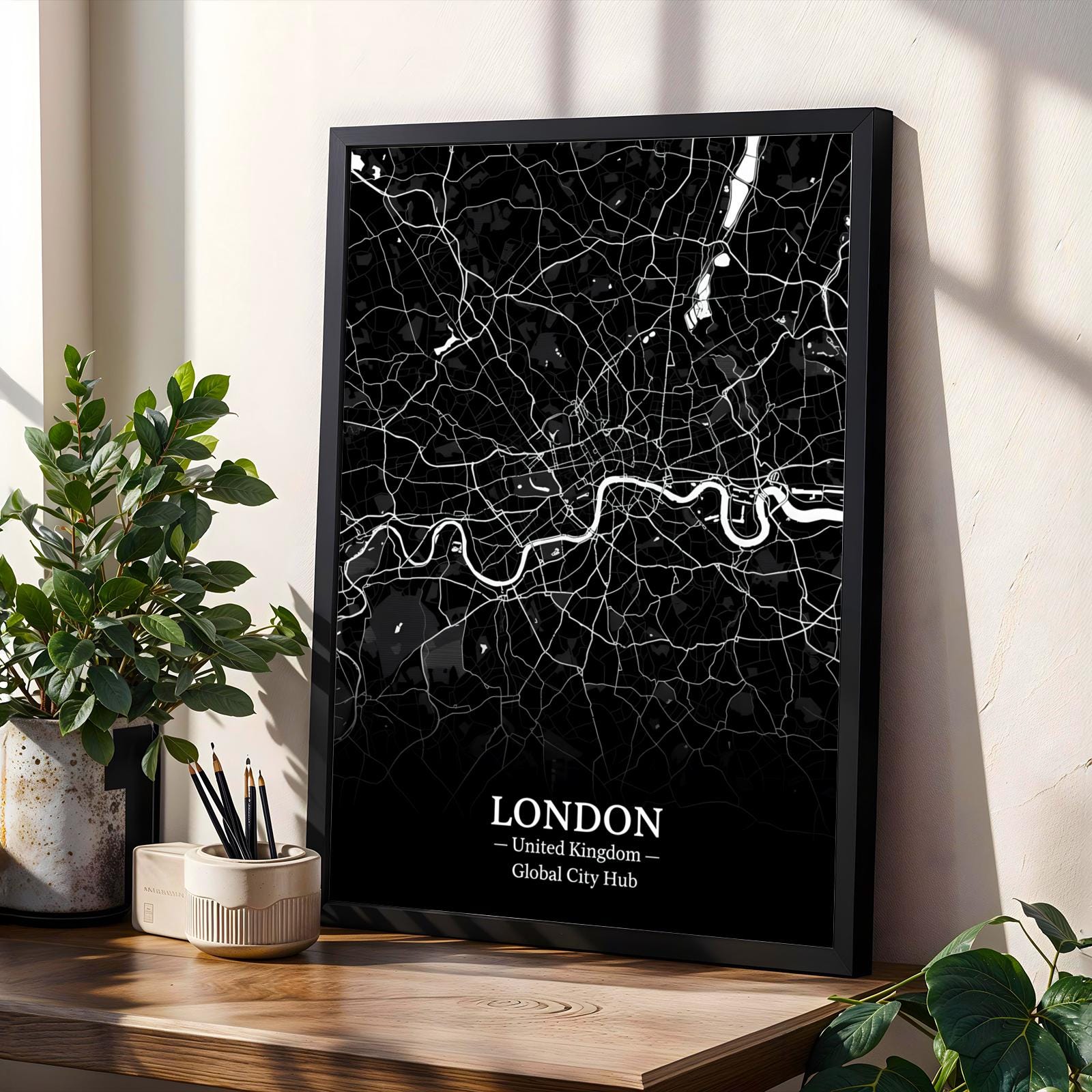 London Poster – Minimalist City Map Print, Black and White, Mixed Media