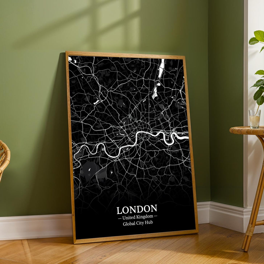 London Poster – Minimalist City Map Print, Black and White, Mixed Media