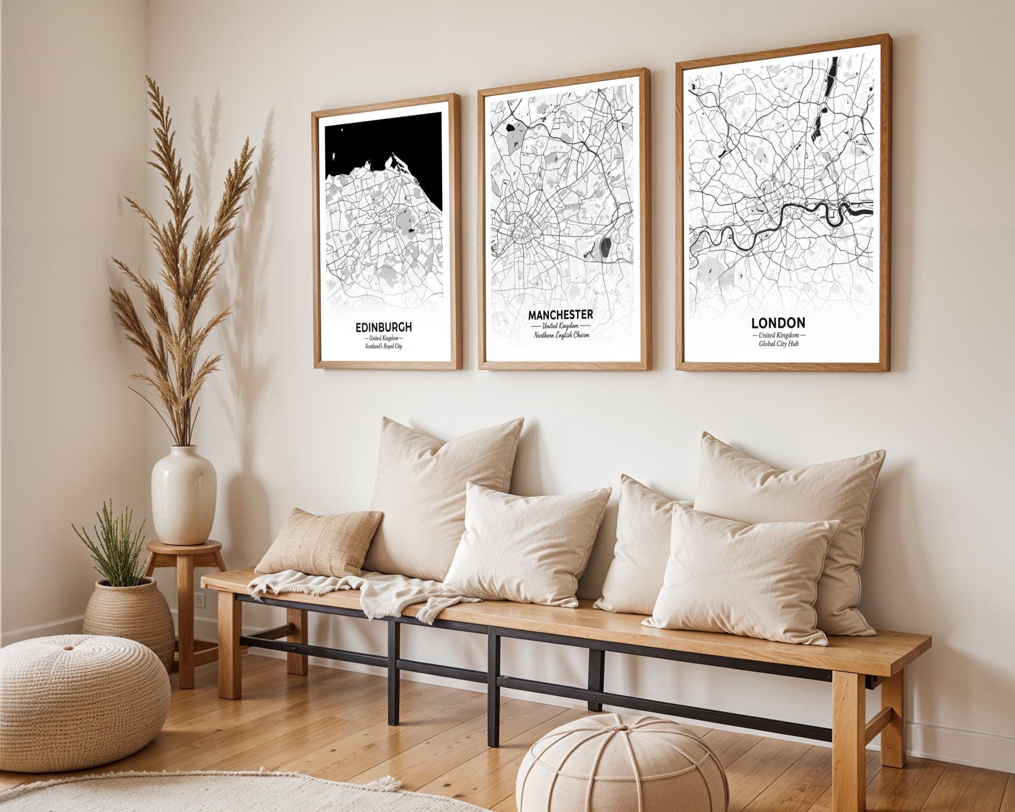 Set of 3 Edinburgh, Manchester, and London Travel Posters – Art Print, Black and White