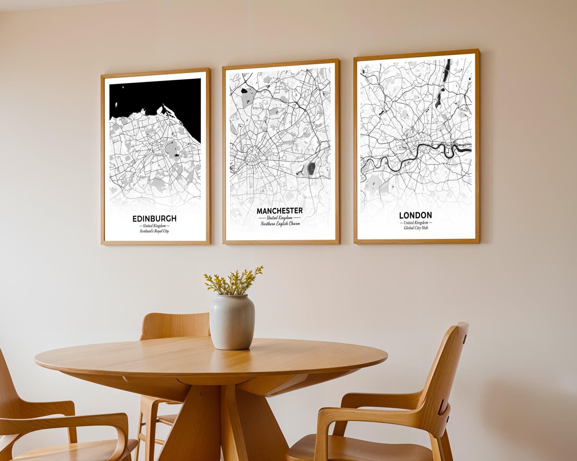 Set of 3 Edinburgh, Manchester, and London Travel Posters – Art Print, Black and White