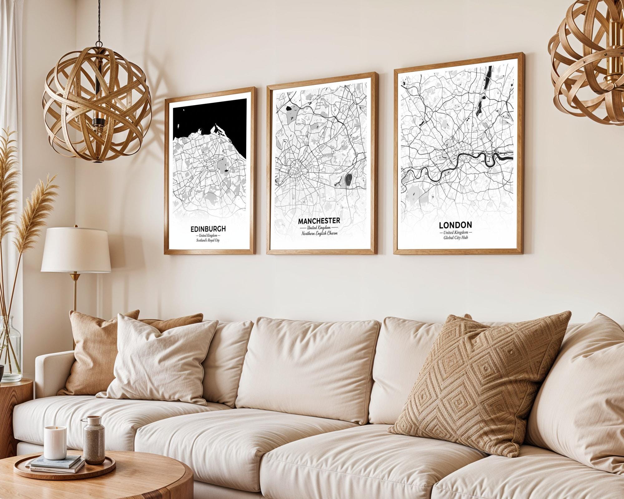 Set of 3 Edinburgh, Manchester, and London Travel Posters – Art Print, Black and White