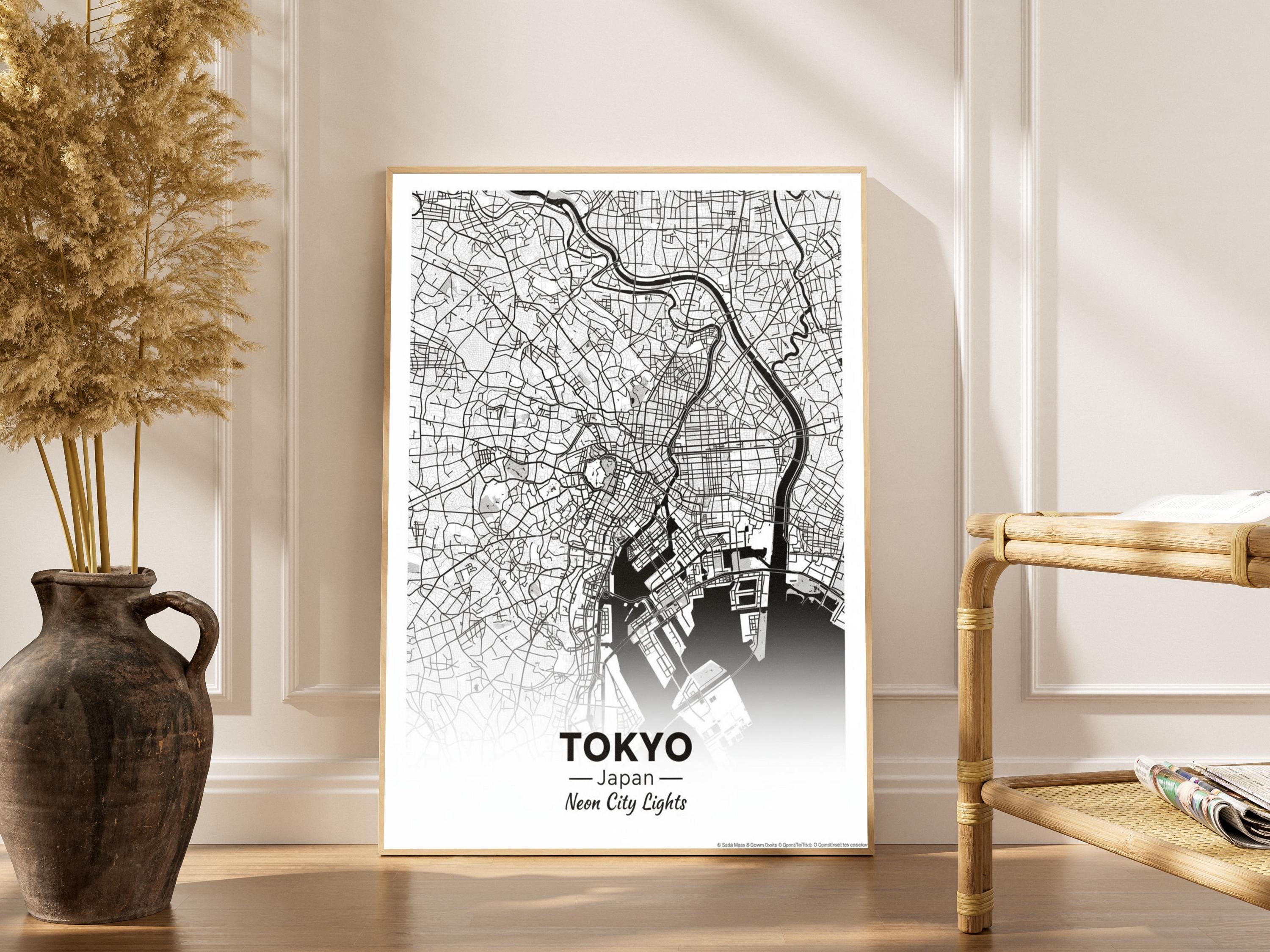 Tokyo Art Print – Minimalist City Map, Black and White Neon City Lights