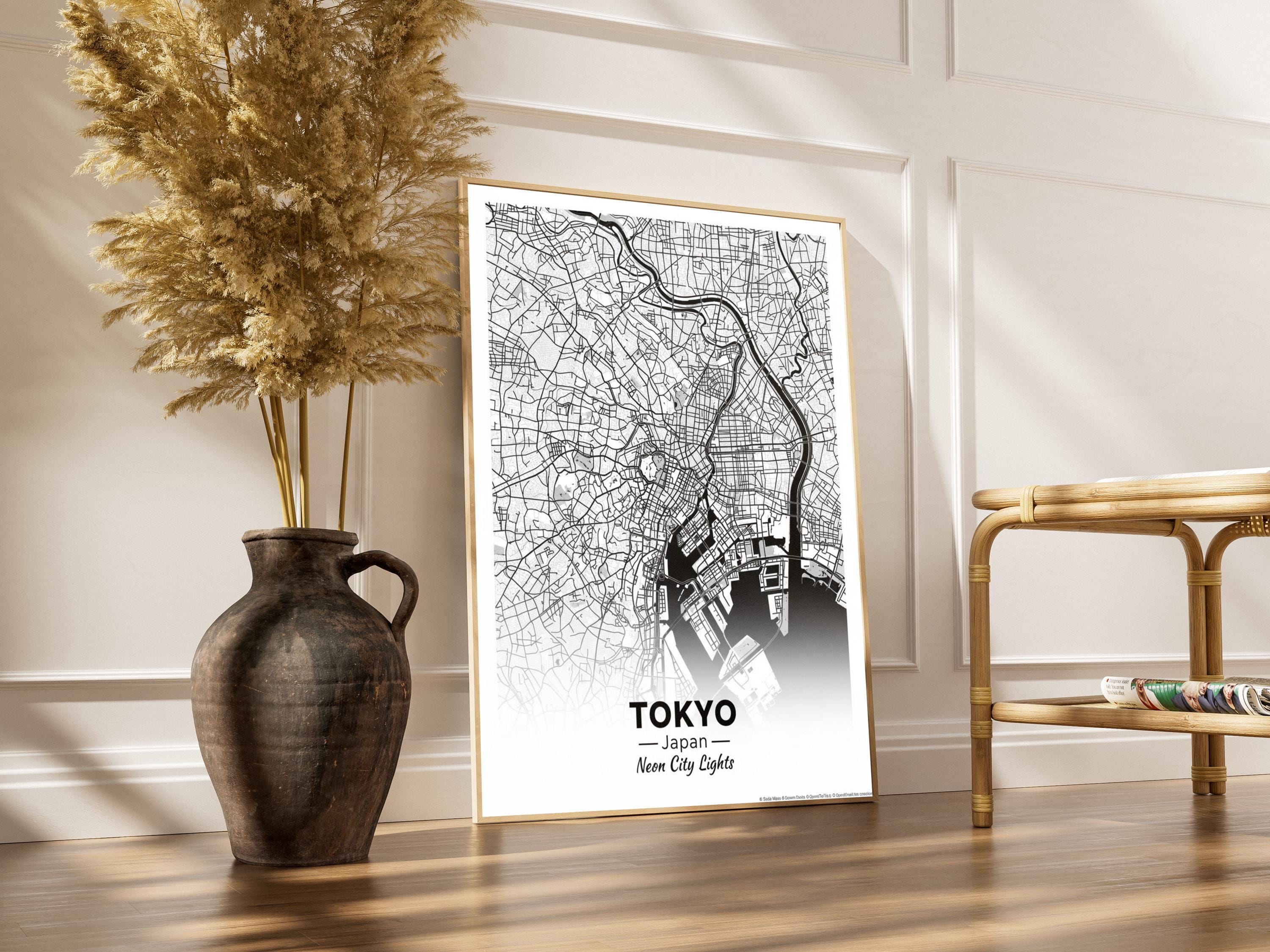 Tokyo Art Print – Minimalist City Map, Black and White Neon City Lights