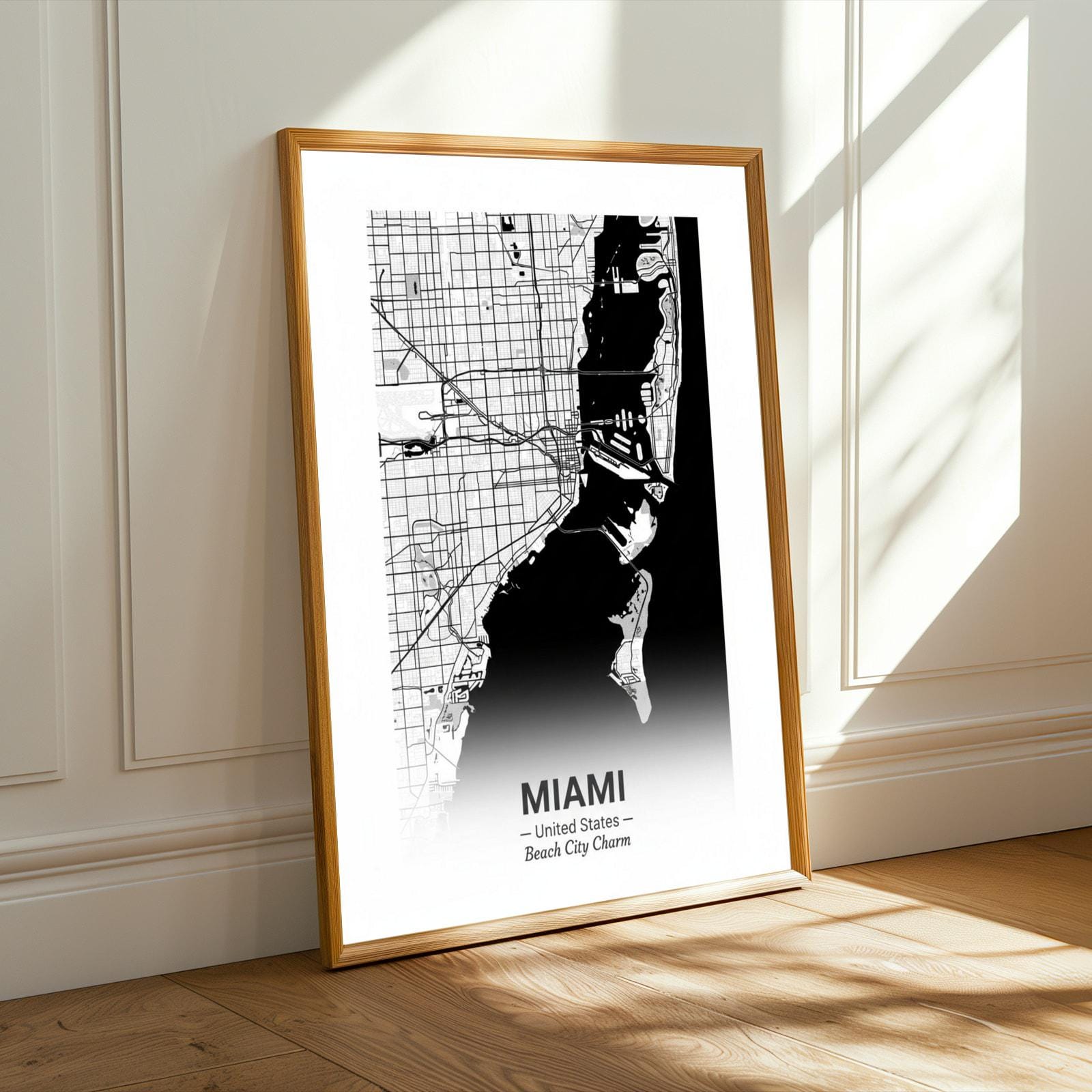 Miami Art Print – Minimalist, City Map of Miami with Black to White Gradient