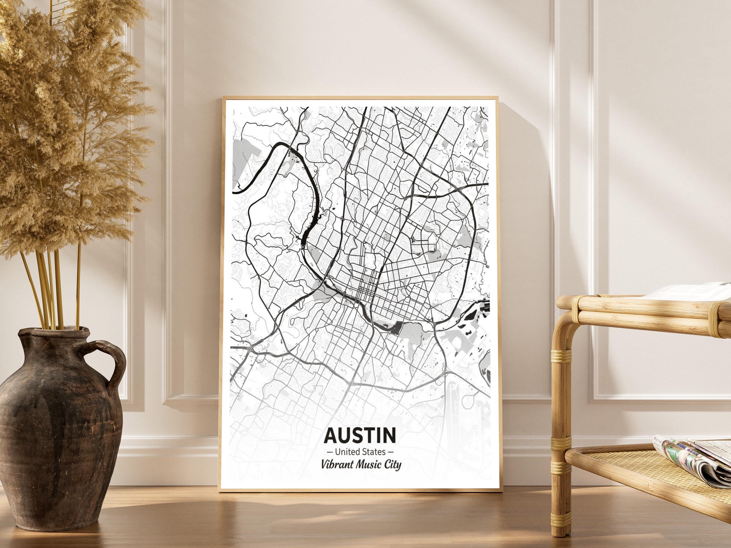 Austin Art Print – Minimalist City Map, Black and White, Vibrant Music City
