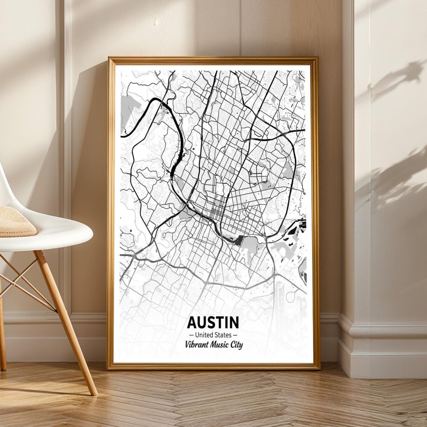 Austin Art Print – Minimalist City Map, Black and White, Vibrant Music City