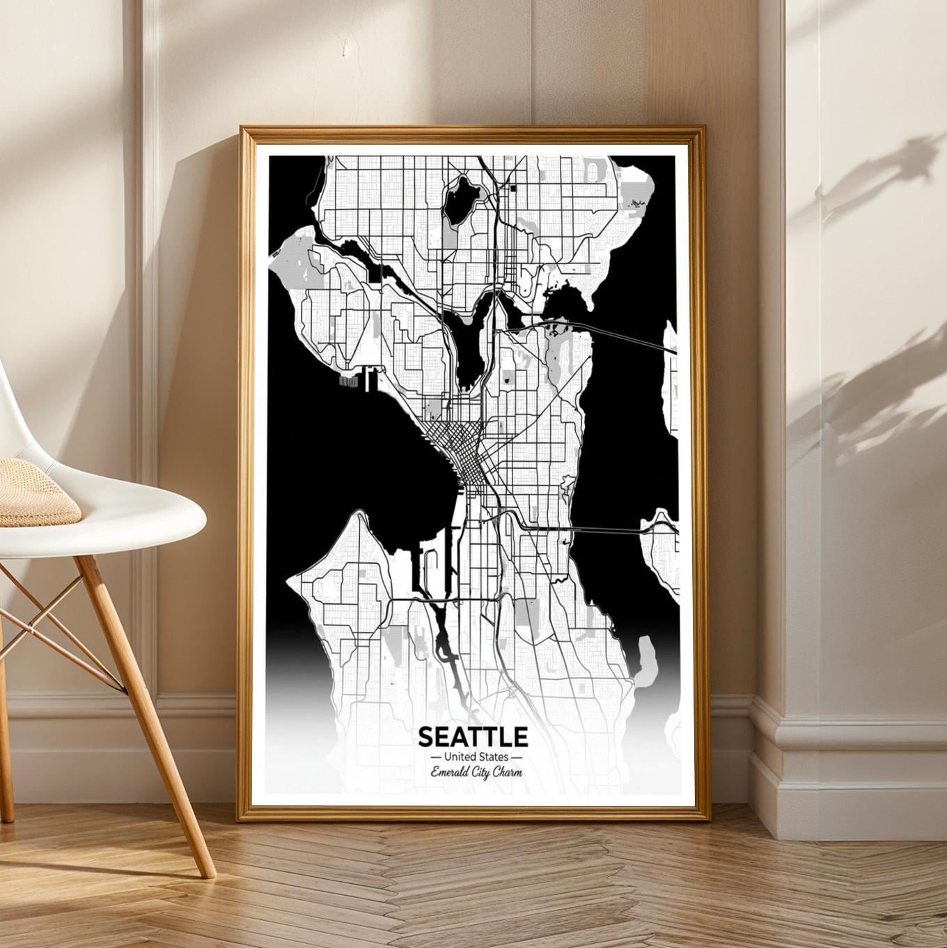 Seattle Art Print – Minimalist Map, Black and White, City Grid Charm, Living Room