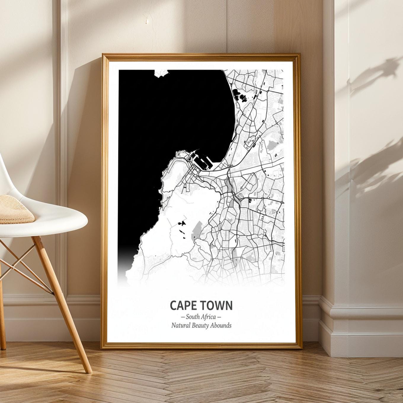 Cape Town Art Print – Minimalist Map, Black and White, Living Room Decor