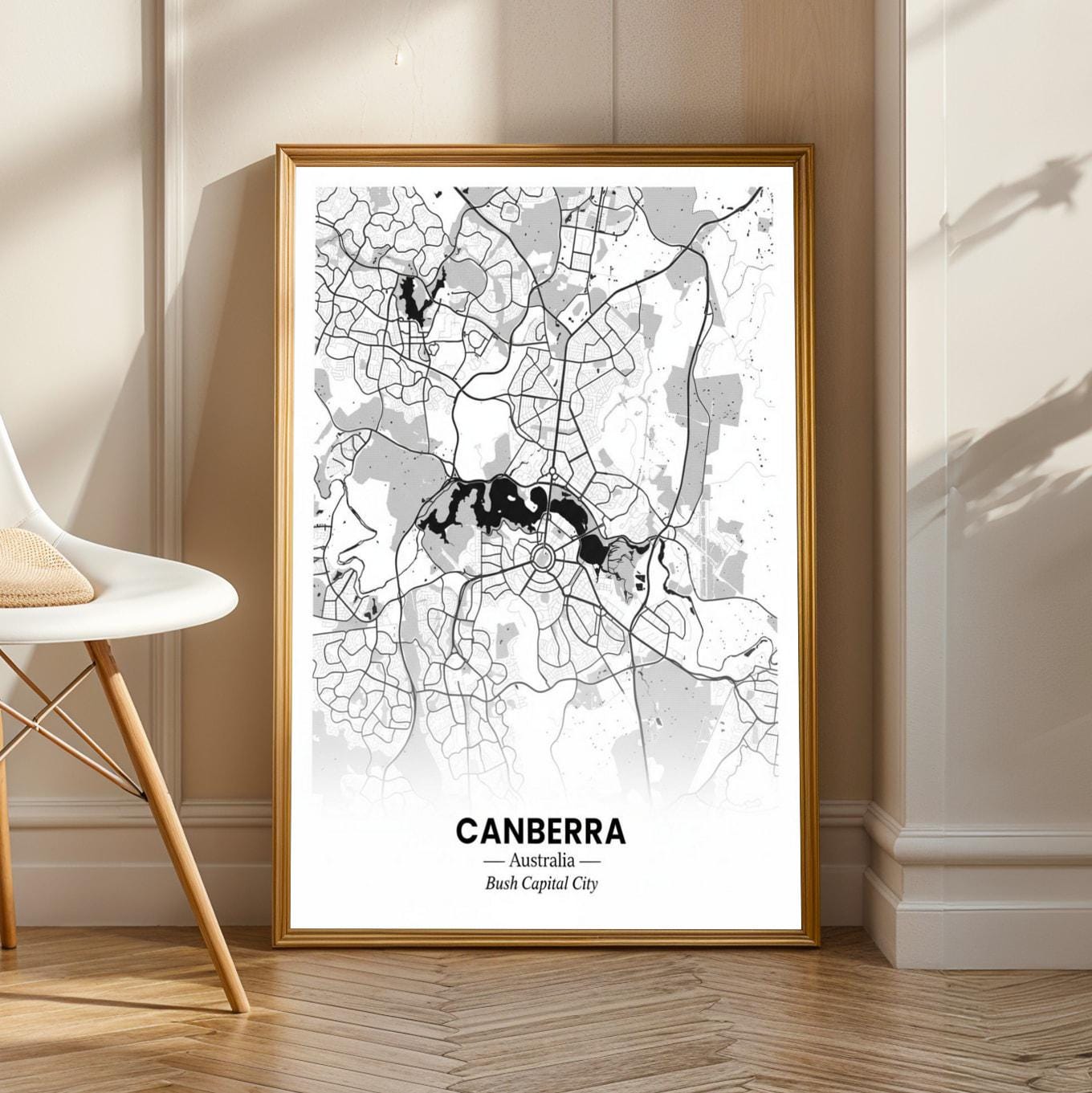 Canberra Art Print – Minimalist Map, Black and White, Bush Capital City