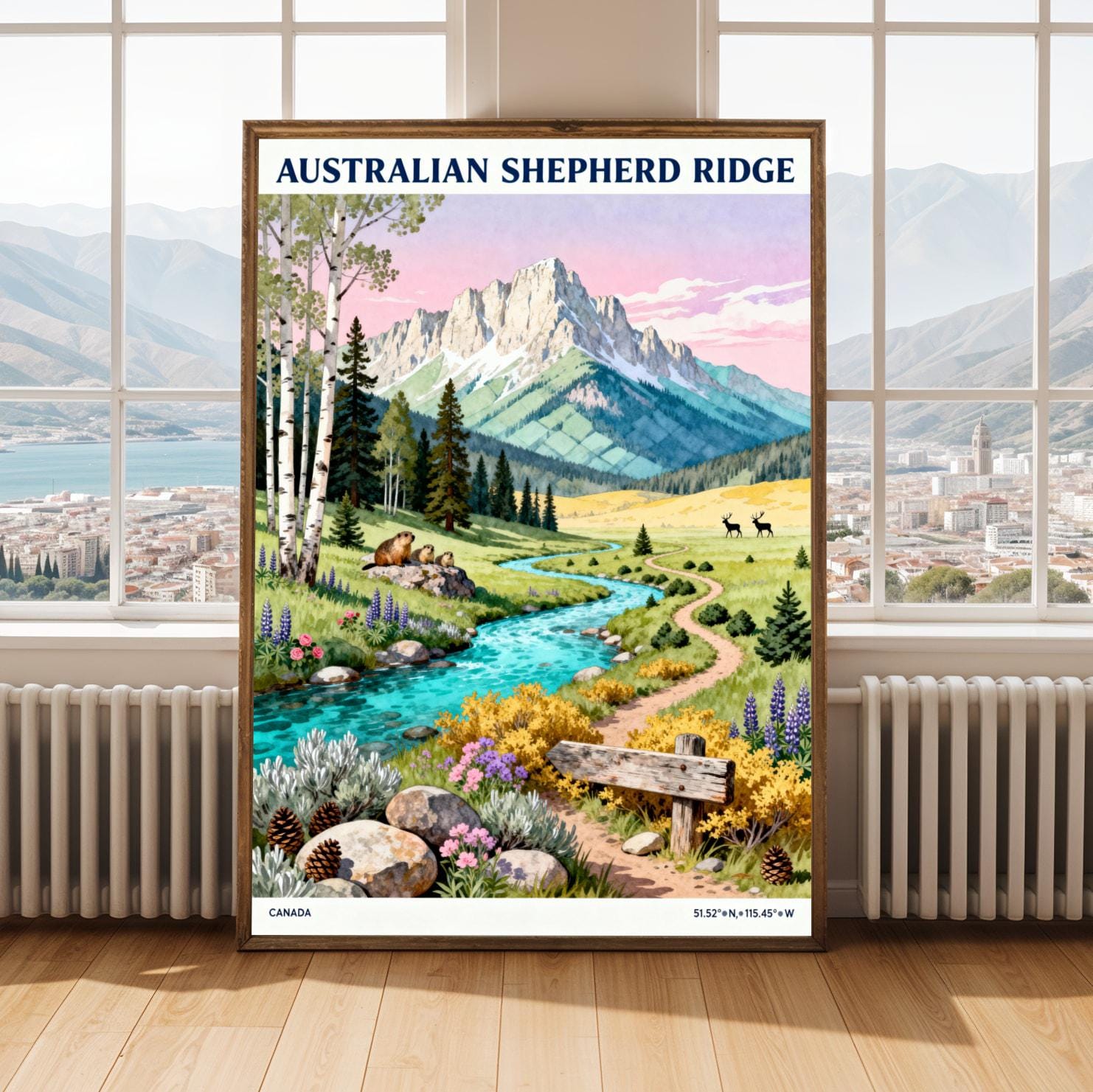 Australian Shepherd Ridge Poster, Gouache Travel Style, Blue River and Green Mountns