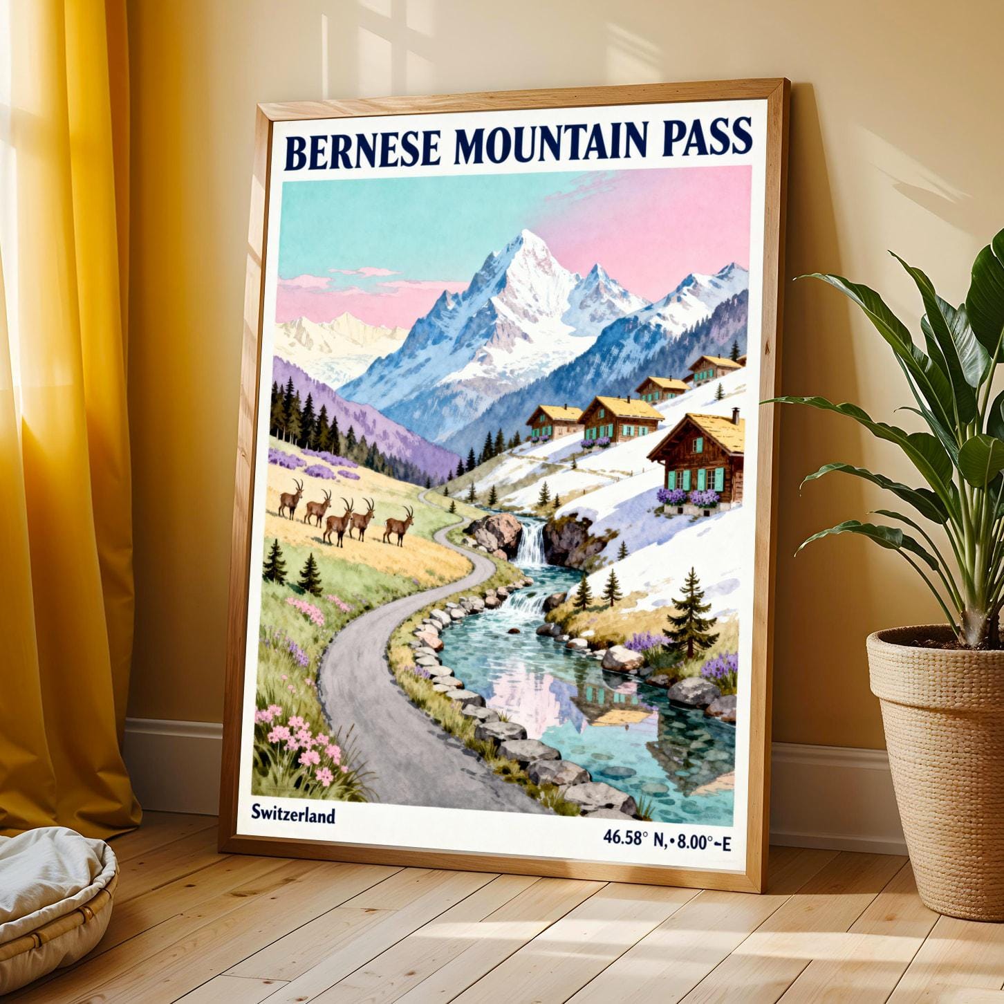 Bernese Mountn Pass Poster, Gouache Vintage Travel, Blue Sky and Pink Hues