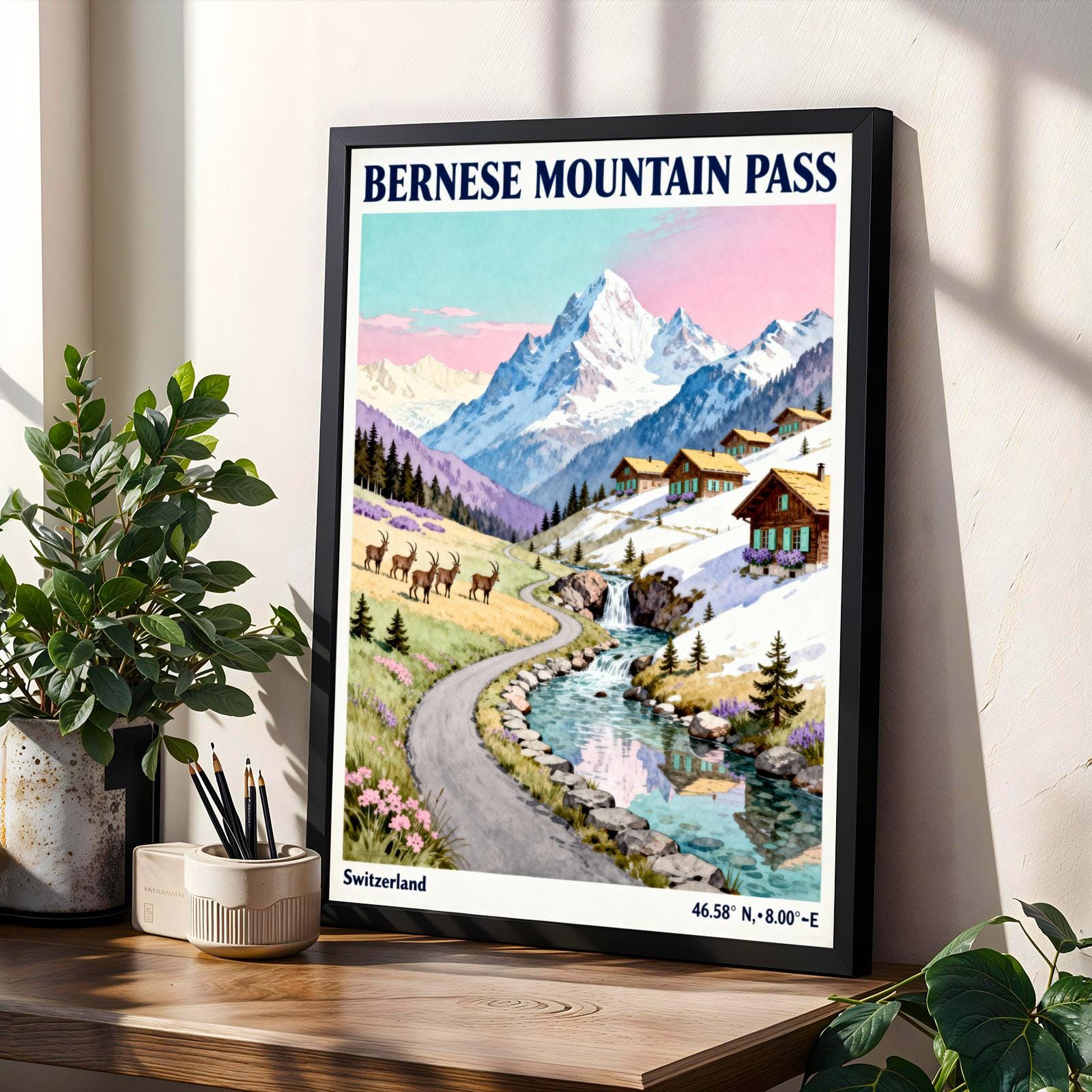 Bernese Mountn Pass Poster, Gouache Vintage Travel, Blue Sky and Pink Hues