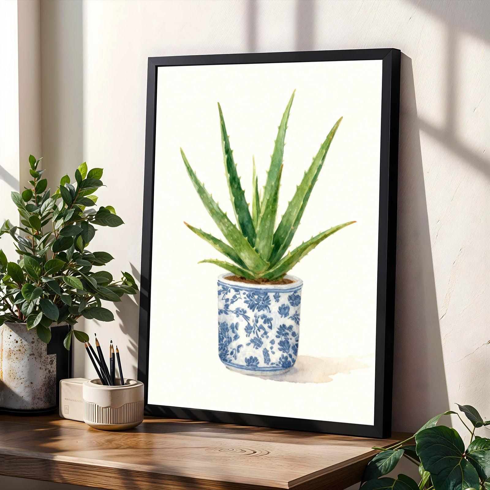 Aloe Vera Poster – Watercolor, Green Leaves in Blue Floral Pot