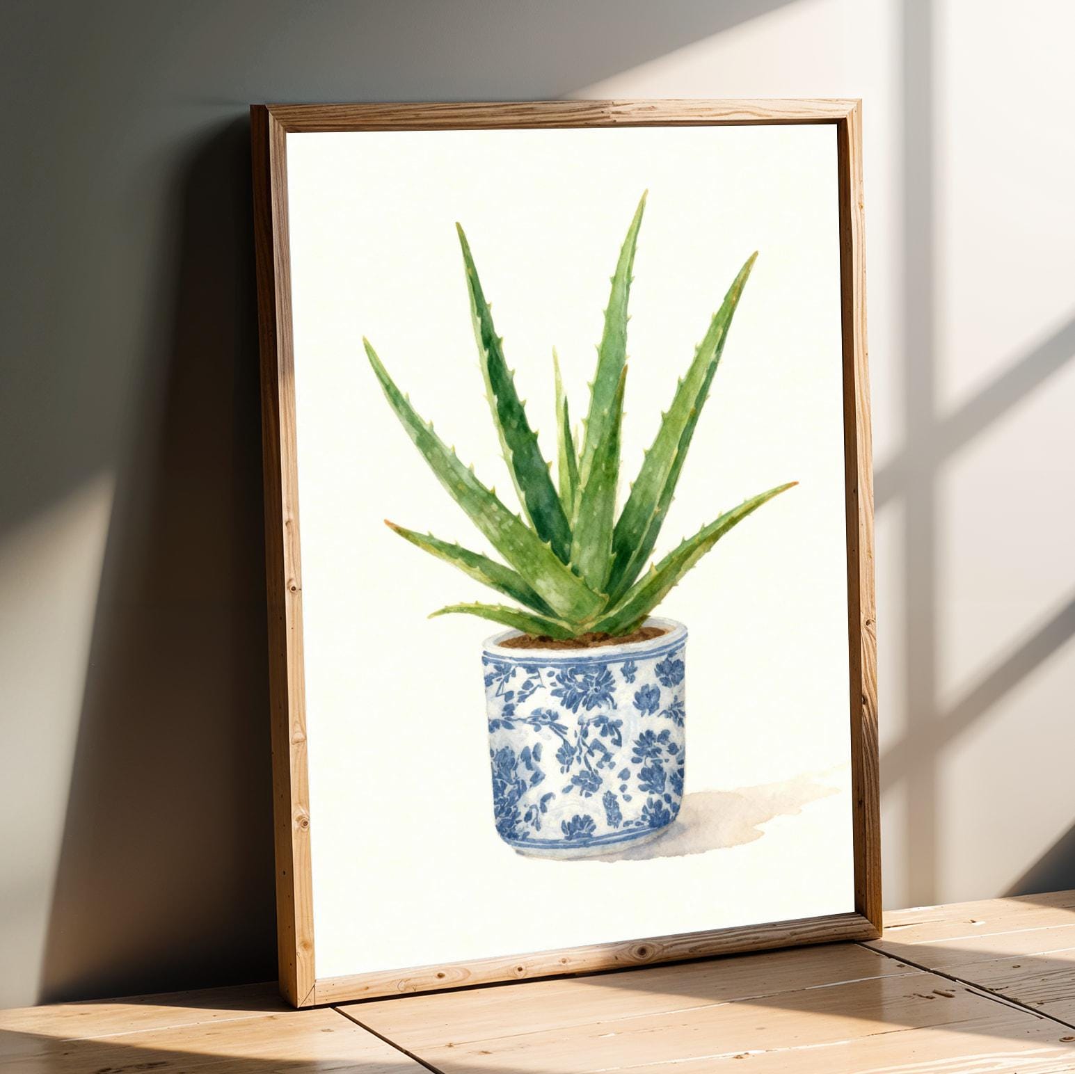 Aloe Vera Poster – Watercolor, Green Leaves in Blue Floral Pot