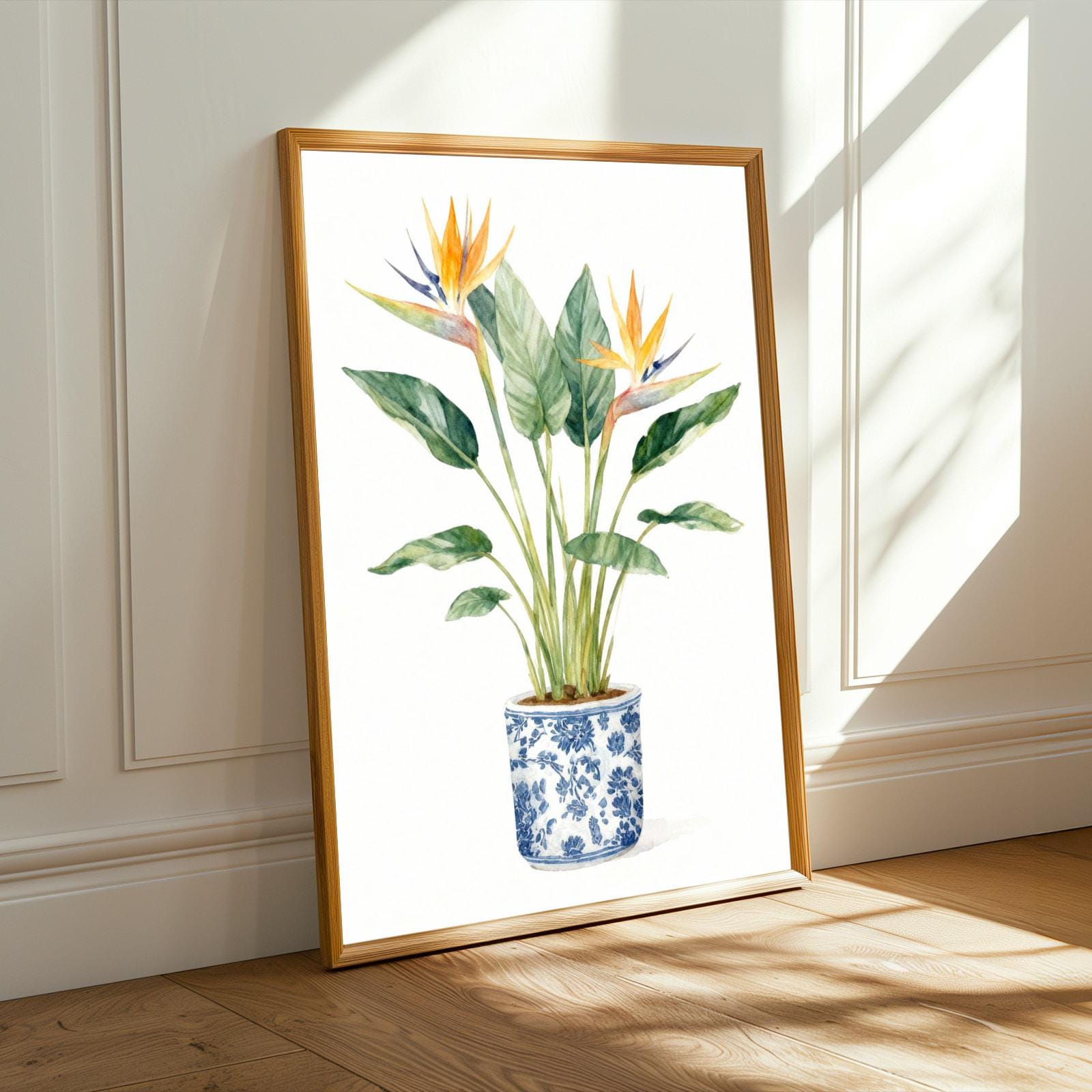 Birds of Paradise Art Print – Watercolor, Green Leaves and Orange Flowers, Floral