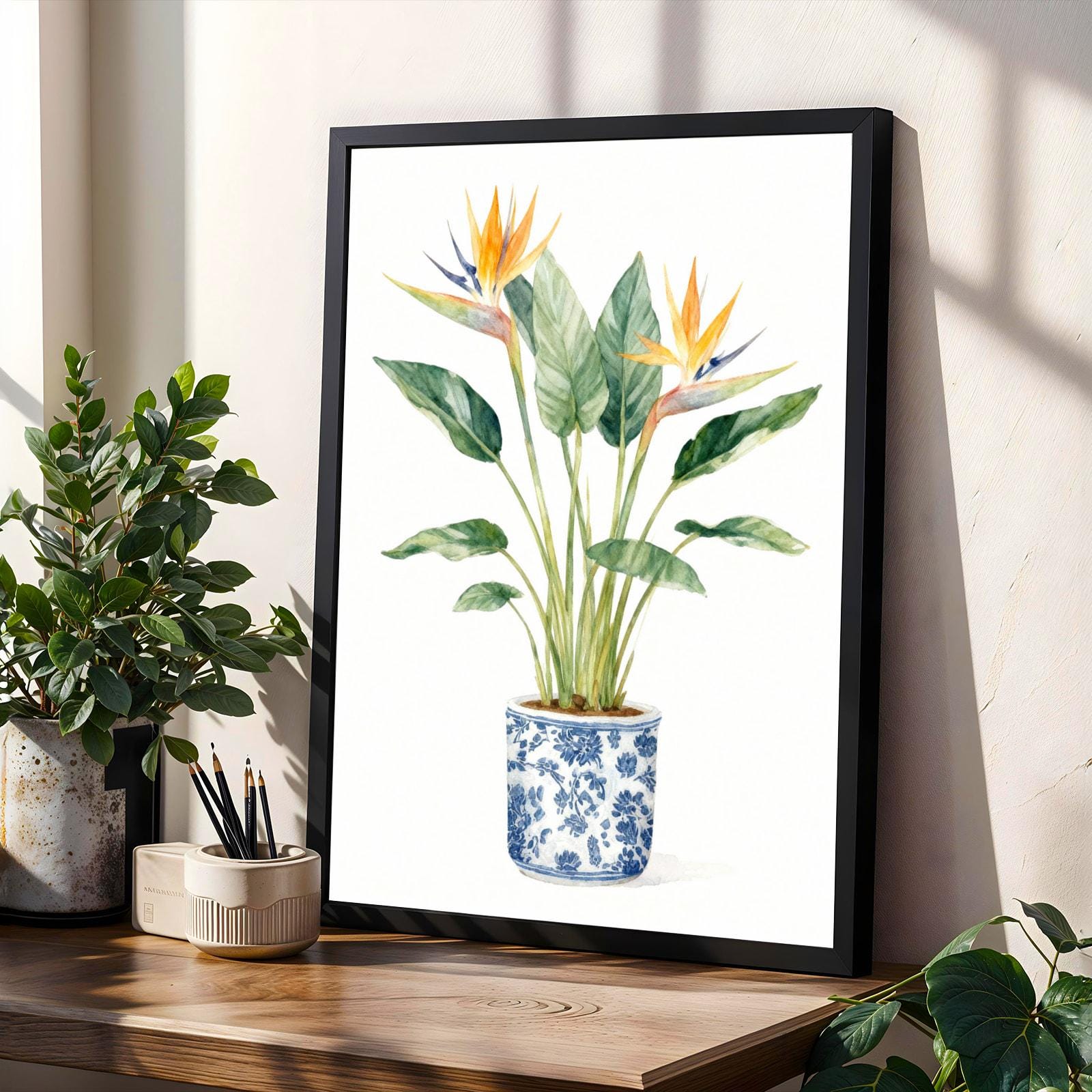 Birds of Paradise Art Print – Watercolor, Green Leaves and Orange Flowers, Floral