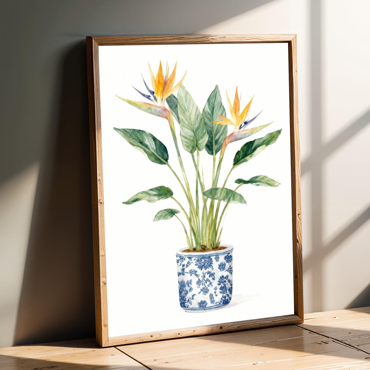 Birds of Paradise Art Print – Watercolor, Green Leaves and Orange Flowers, Floral