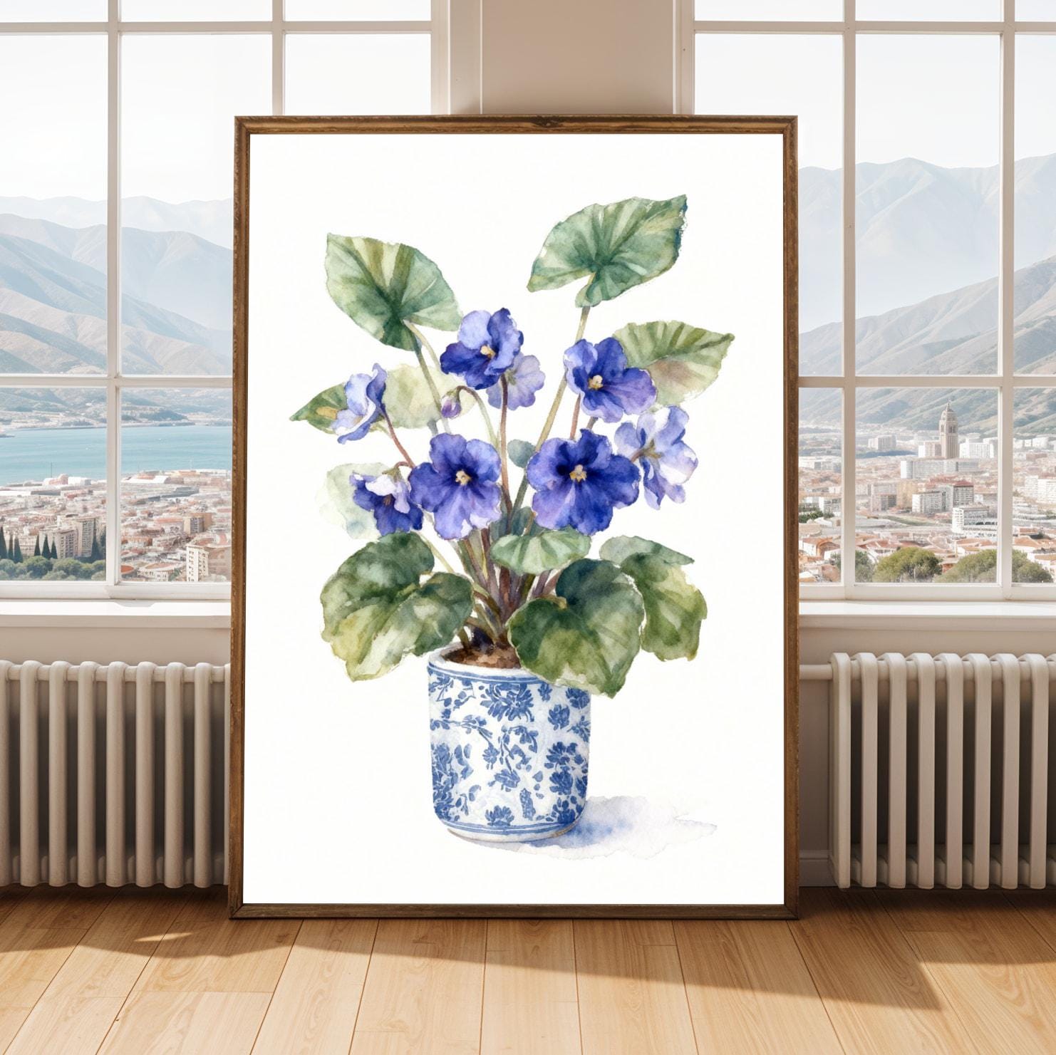 African Violet Art Print – Watercolor, Blue Flowers in Blue and White Pot