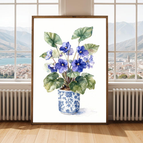 African Violet Art Print – Watercolor, Blue Flowers in Blue and White Pot