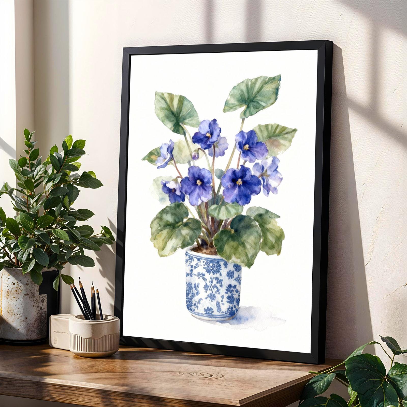 African Violet Art Print – Watercolor, Blue Flowers in Blue and White Pot