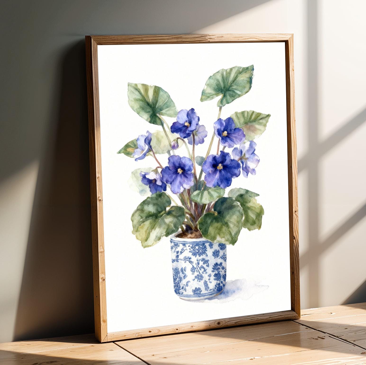 African Violet Art Print – Watercolor, Blue Flowers in Blue and White Pot