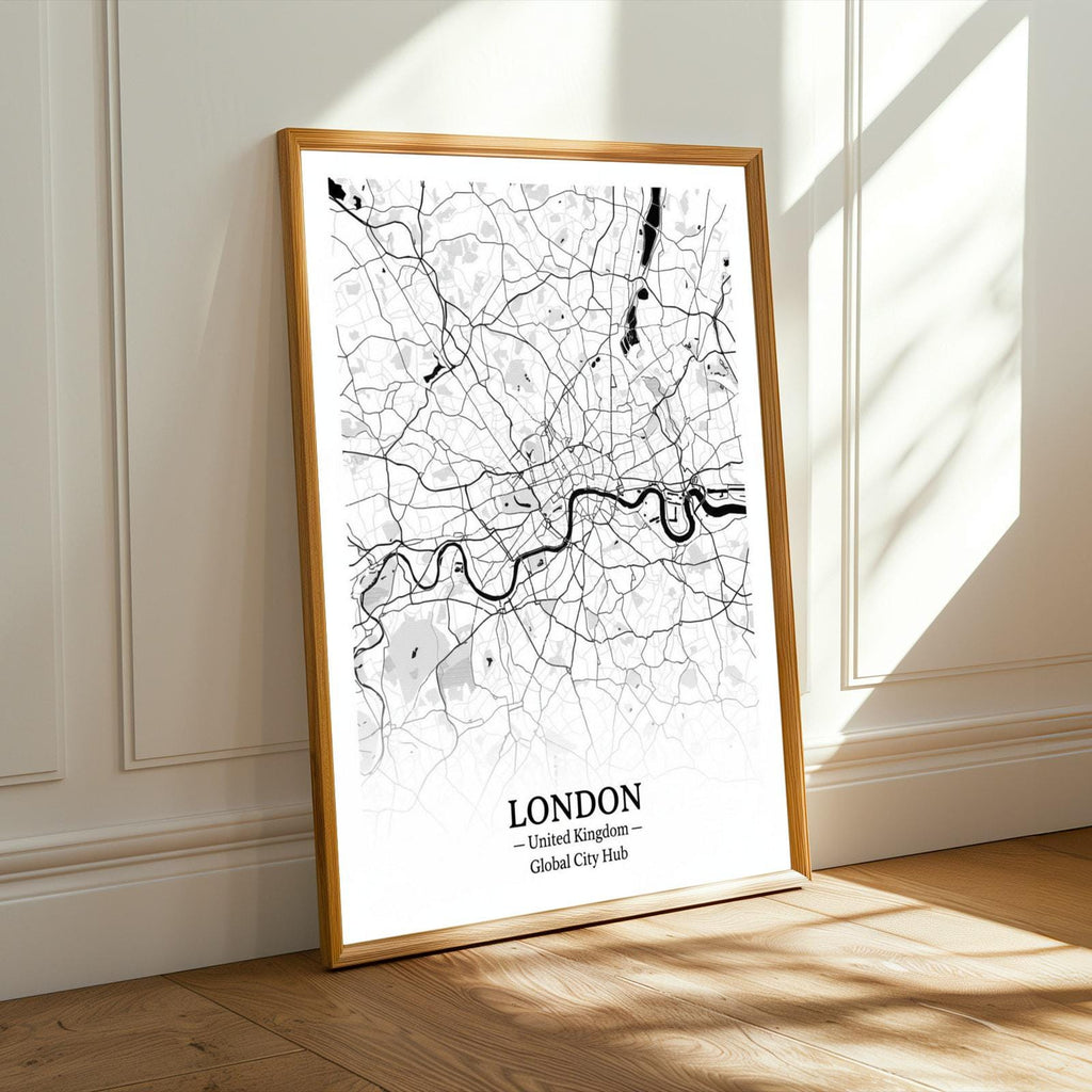 London Poster – Minimalist City Map Print, Black and White, Mixed Media