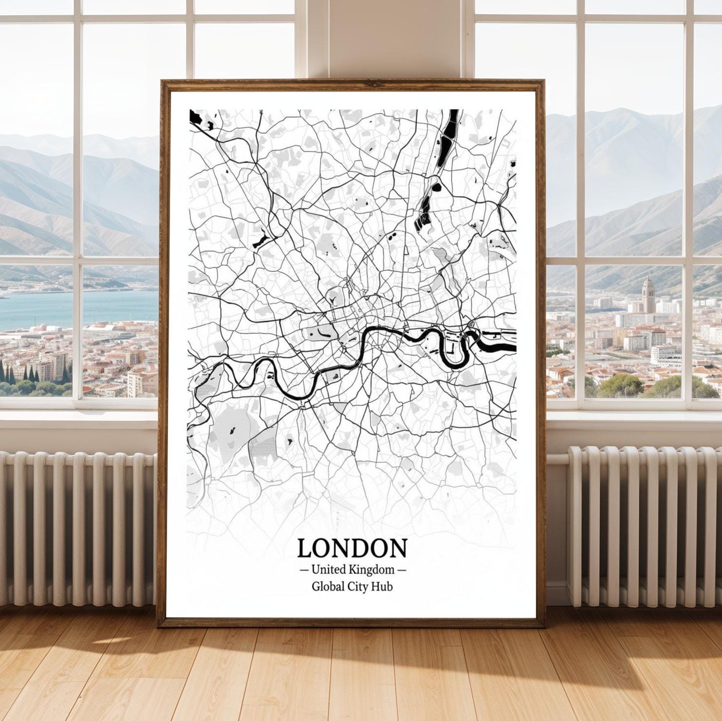 London Poster – Minimalist City Map Print, Black and White, Mixed Media