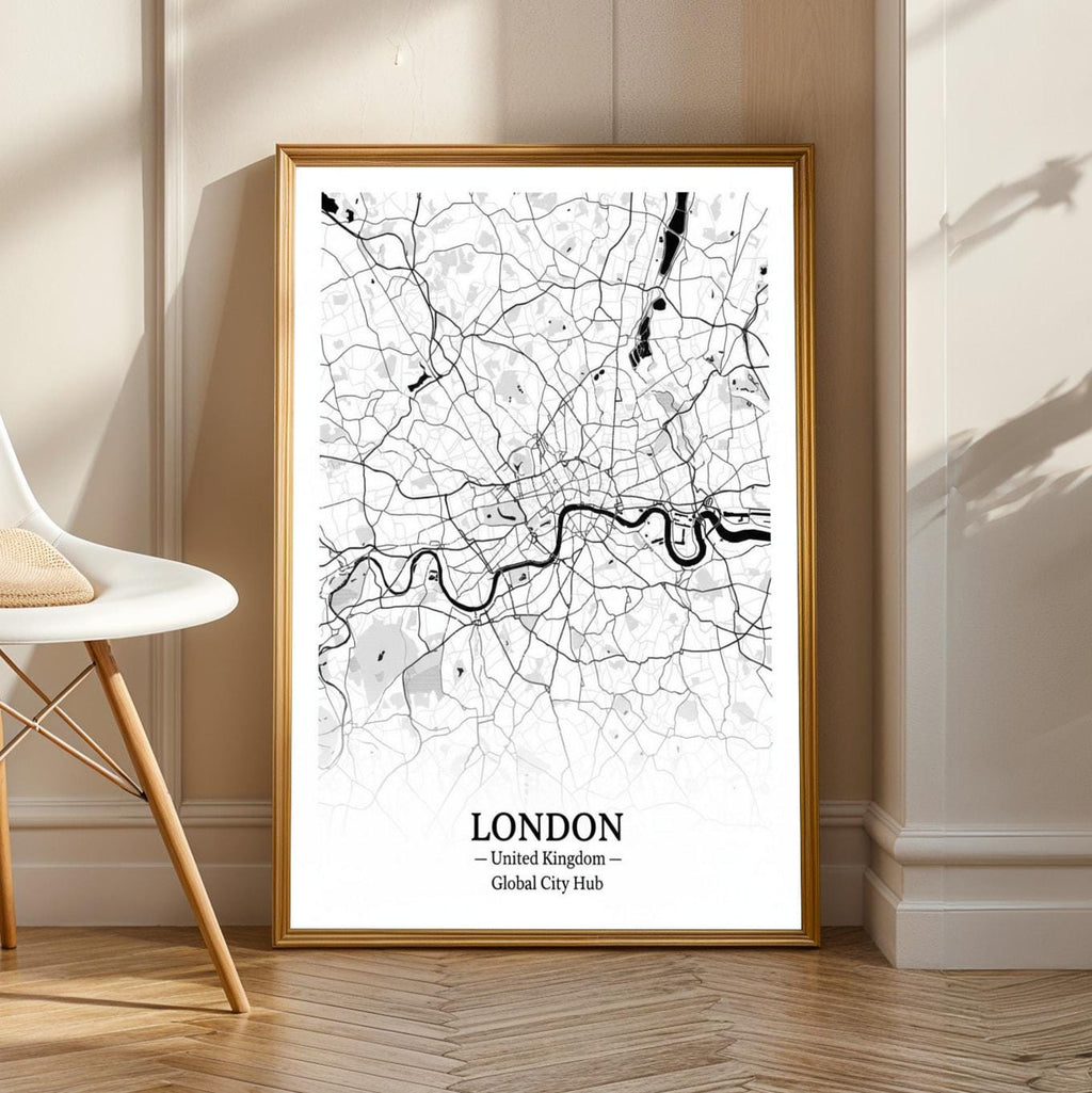 London Poster – Minimalist City Map Print, Black and White, Mixed Media