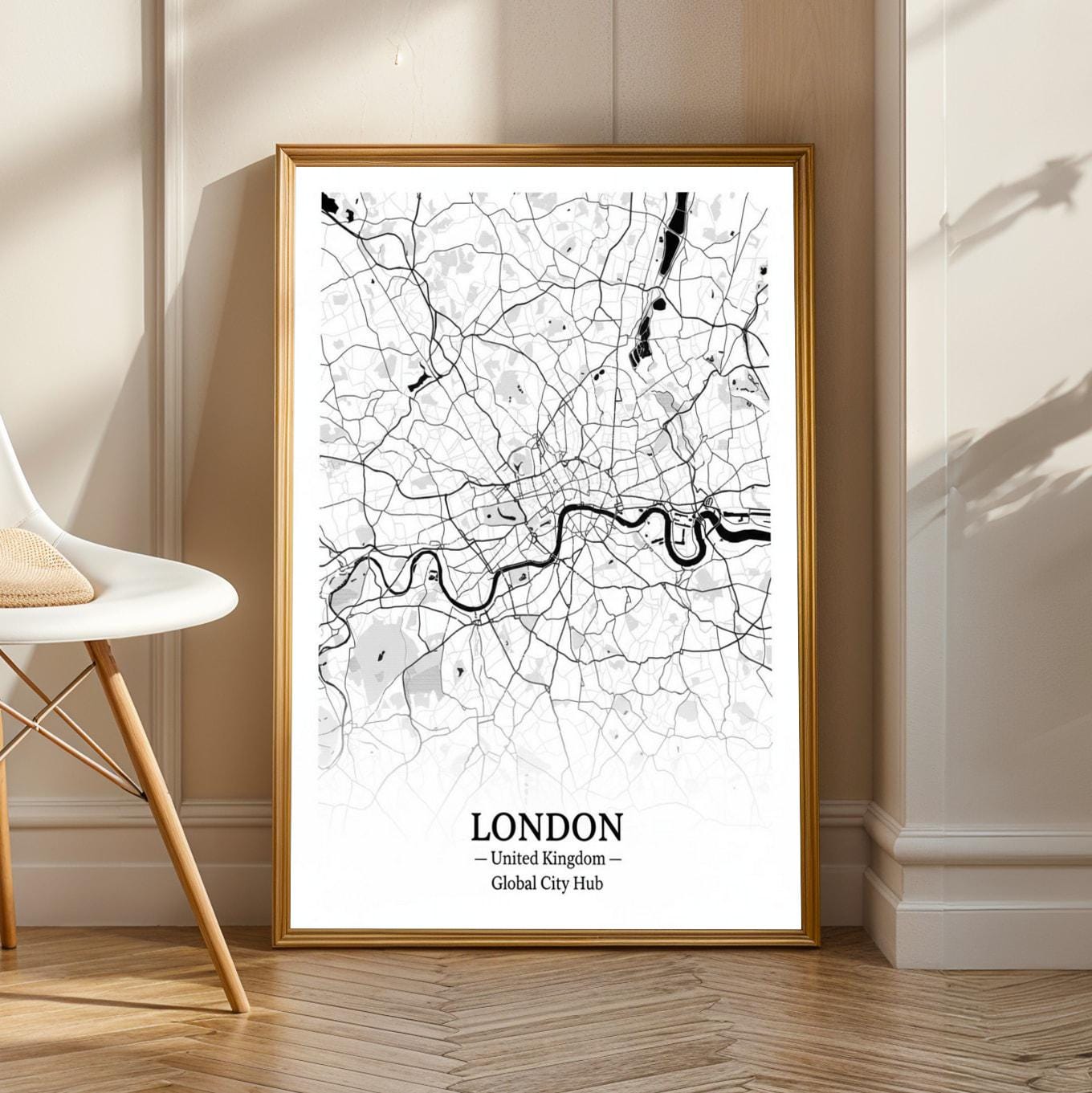 London Poster – Minimalist City Map Print, Black and White, Mixed Media