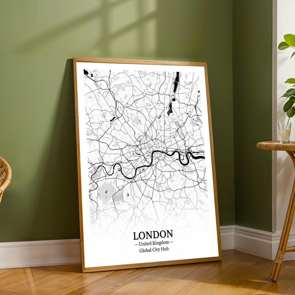London Poster – Minimalist City Map Print, Black and White, Mixed Media