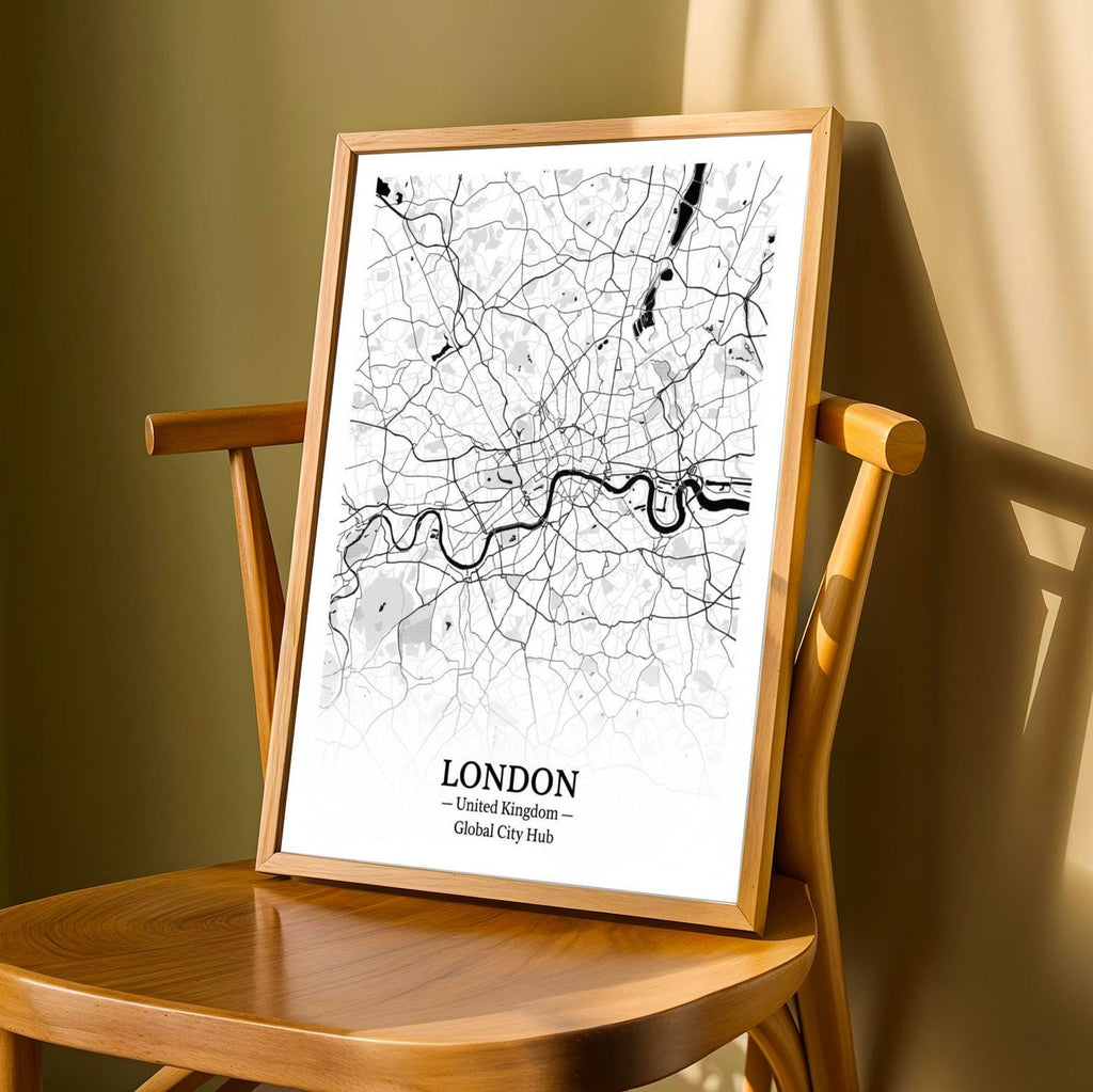 London Poster – Minimalist City Map Print, Black and White, Mixed Media