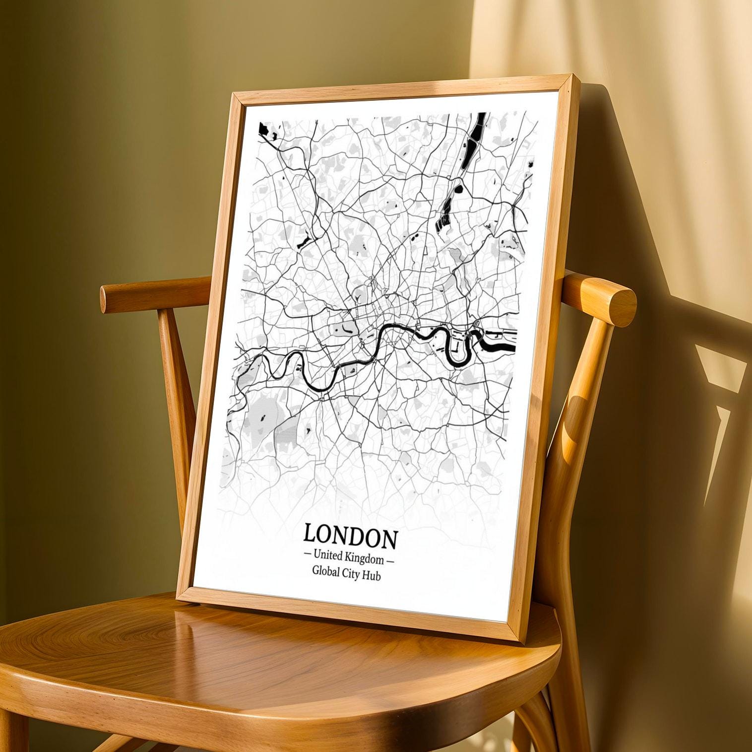 London Poster – Minimalist City Map Print, Black and White, Mixed Media