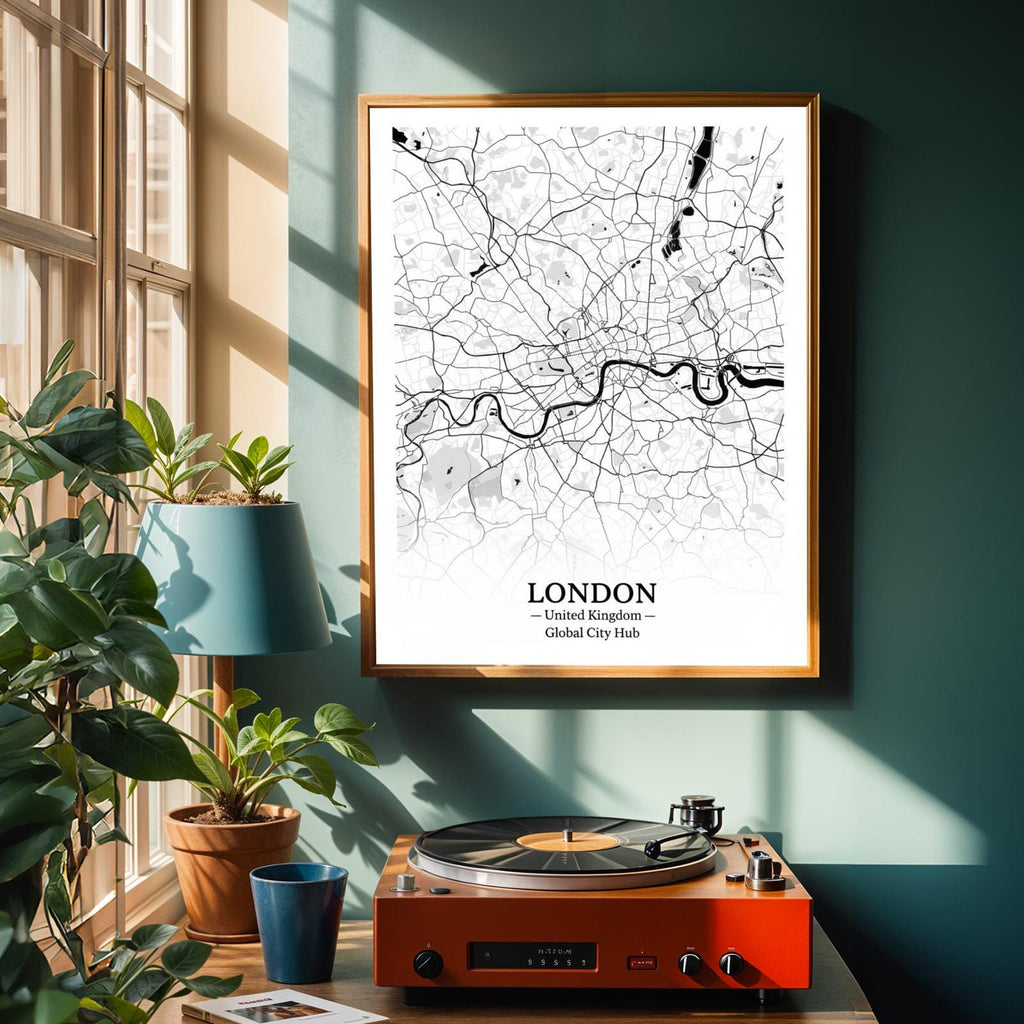 London Poster – Minimalist City Map Print, Black and White, Mixed Media